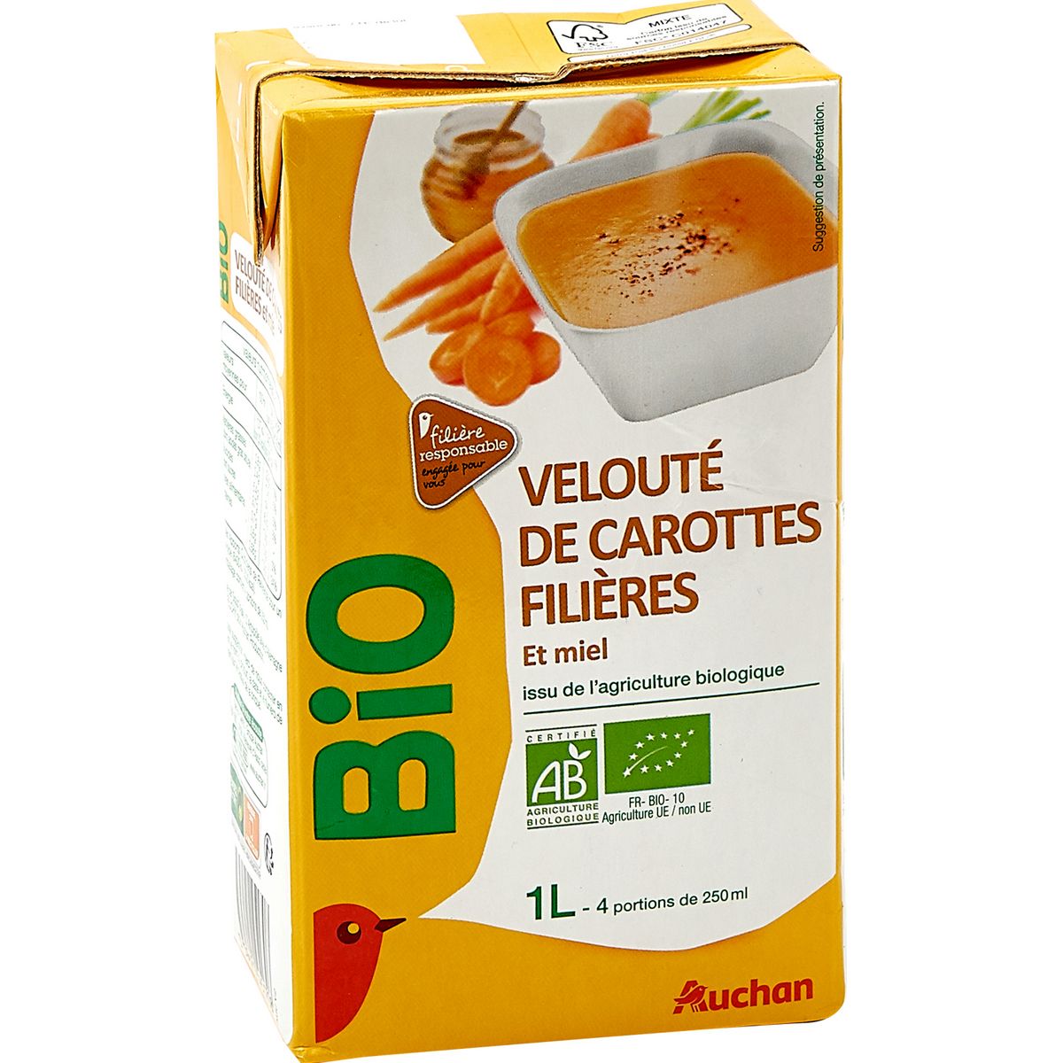 AUCHAN BIO Velouté de carottes de filières et miel 4 personnes 1l