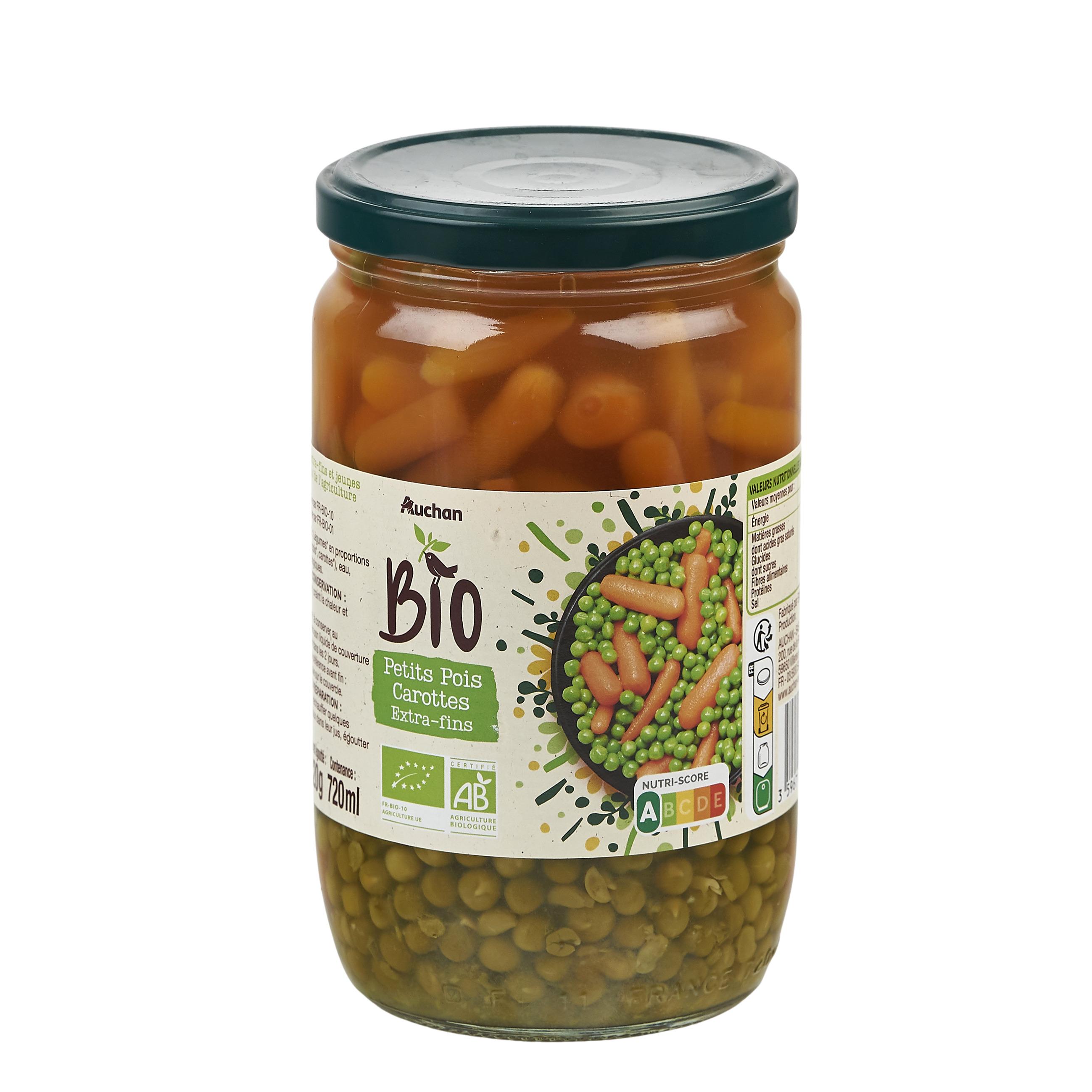 Voir la diapositive 2 : AUCHAN BIO Petits pois et jeunes carottes en bocal 420g