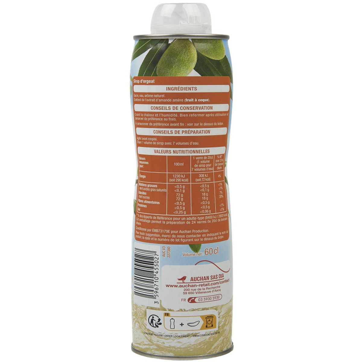 AUCHAN Sirop d'orgeat bidon métal 60cl