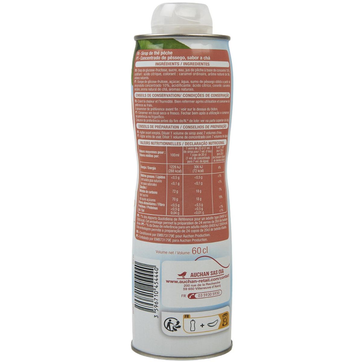 AUCHAN Sirop thé pêche bidon métal 60cl