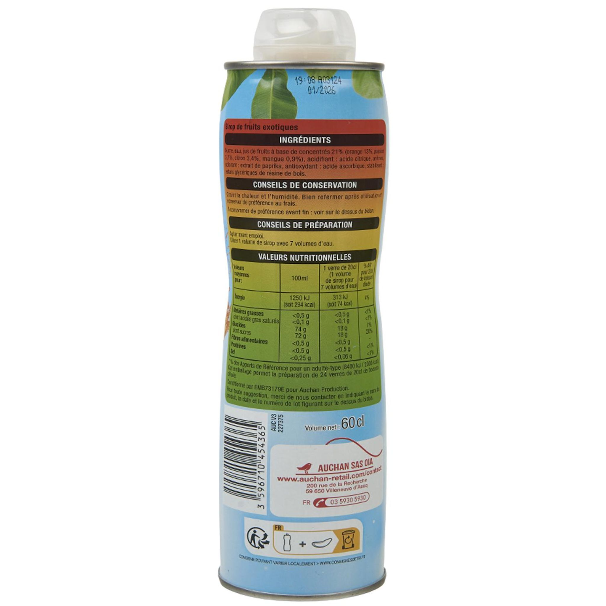 Voir la diapositive 2 : AUCHAN Sirop tropical bidon métal 60cl
