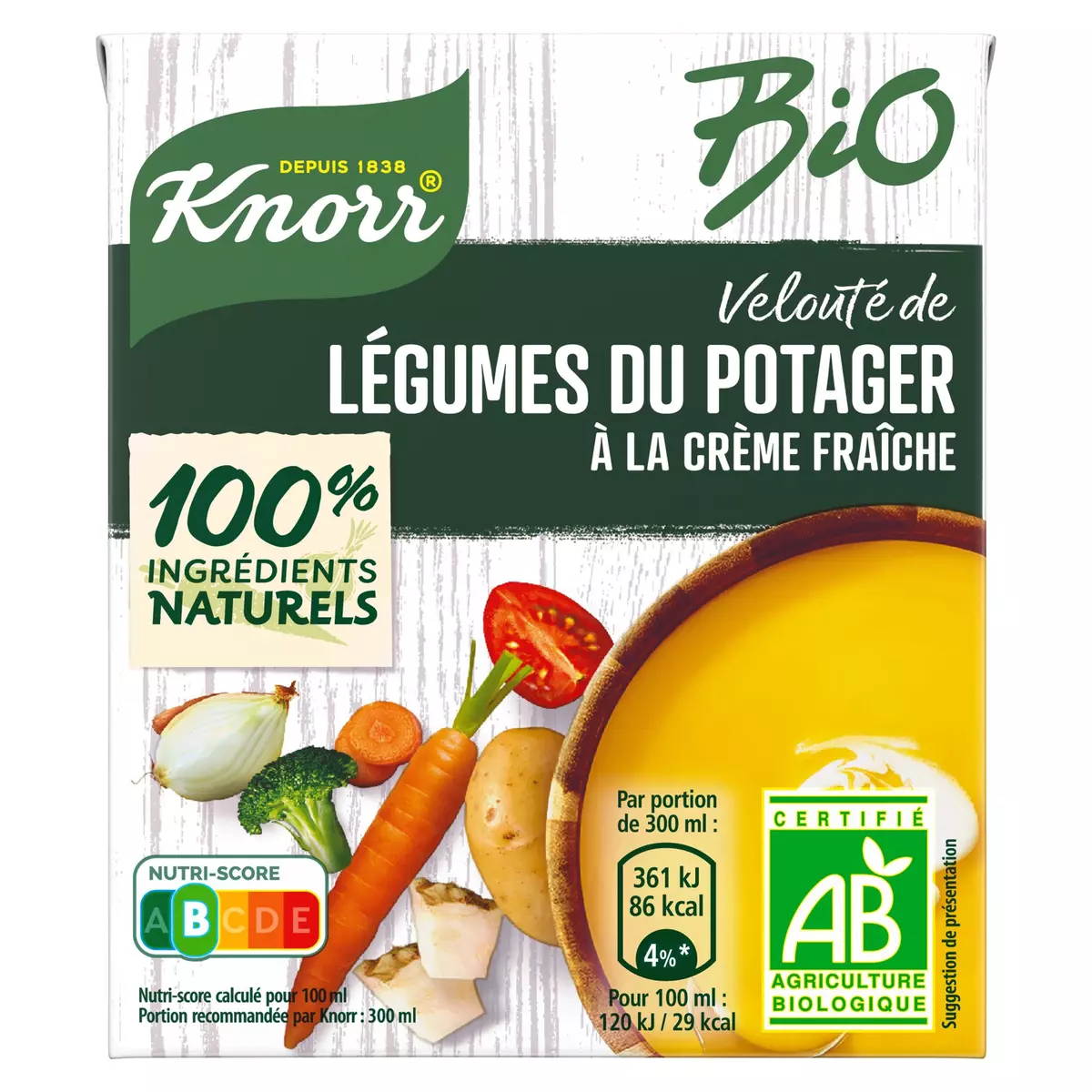KNORR Soupe veloutée légumes bio du potager à la crème fraîche 1 personne 30cl