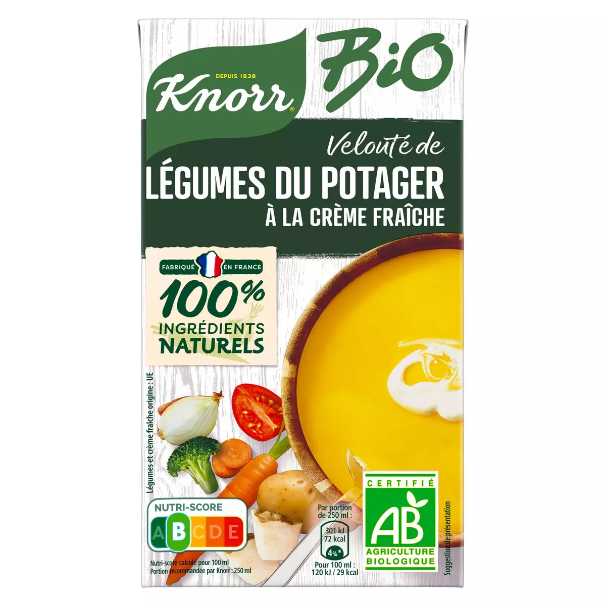 KNORR Soupe veloutée légumes bio à la crème fraîche 4 personnes 1l