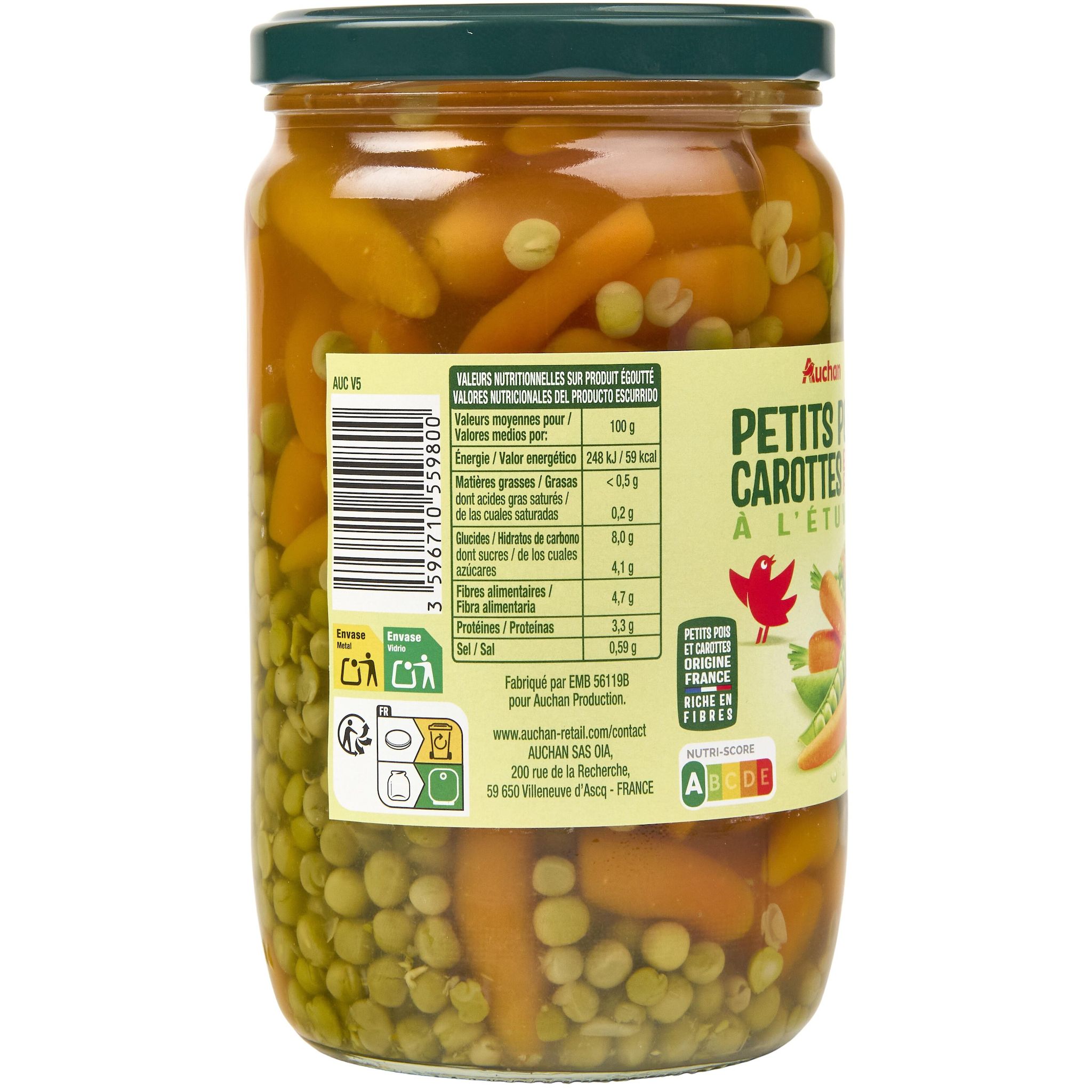 Voir la diapositive 2 : AUCHAN Petits pois carottes à l'étuvée extra fins en bocal 420g