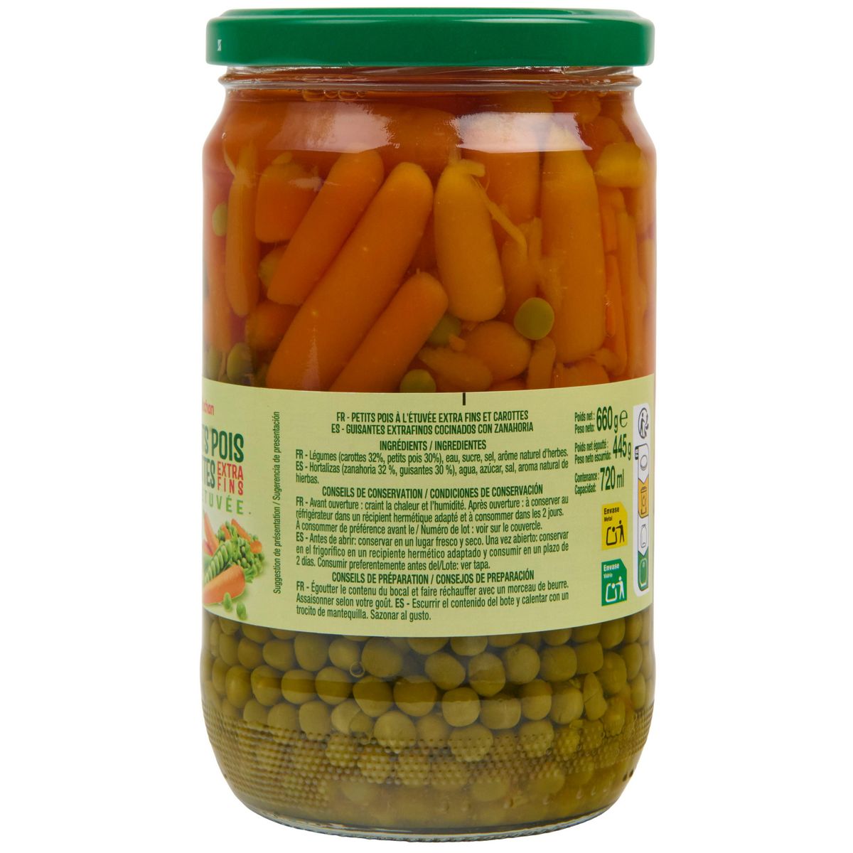 AUCHAN Petits pois carottes à l'étuvée extra fins en bocal 420g