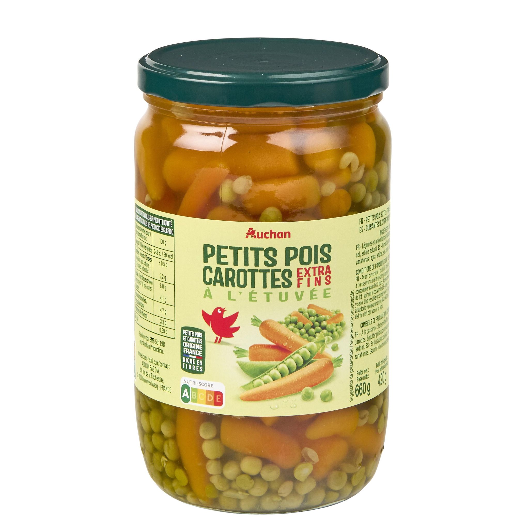 Voir la diapositive 3 : AUCHAN Petits pois carottes à l'étuvée extra fins en bocal 420g