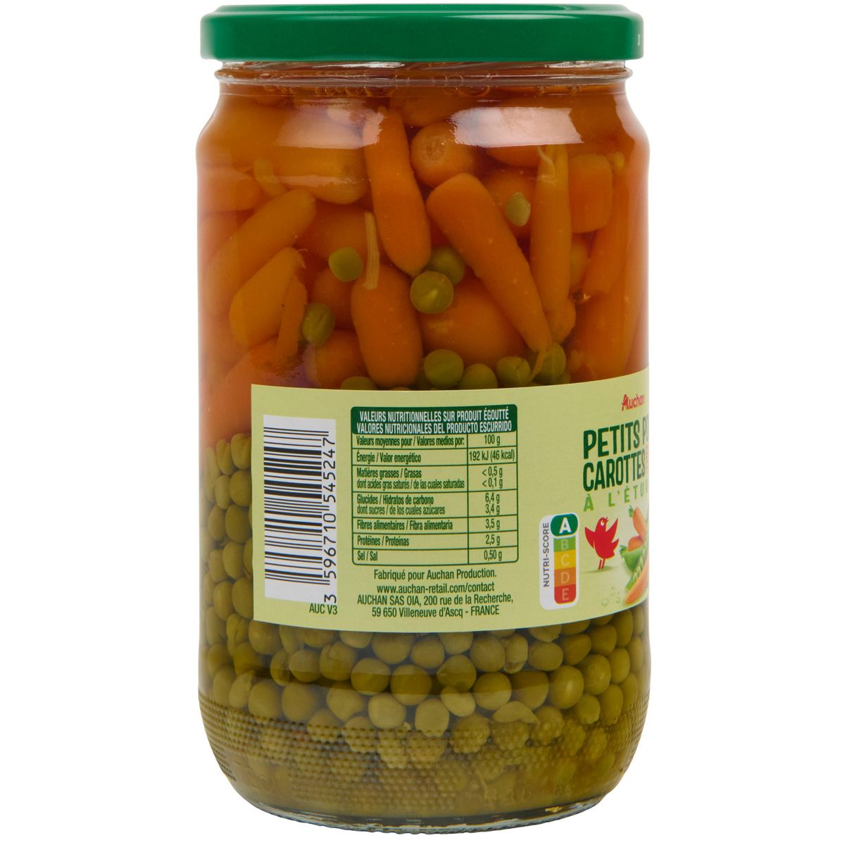 AUCHAN Petits pois carottes à l'étuvée extra fins en bocal 420g
