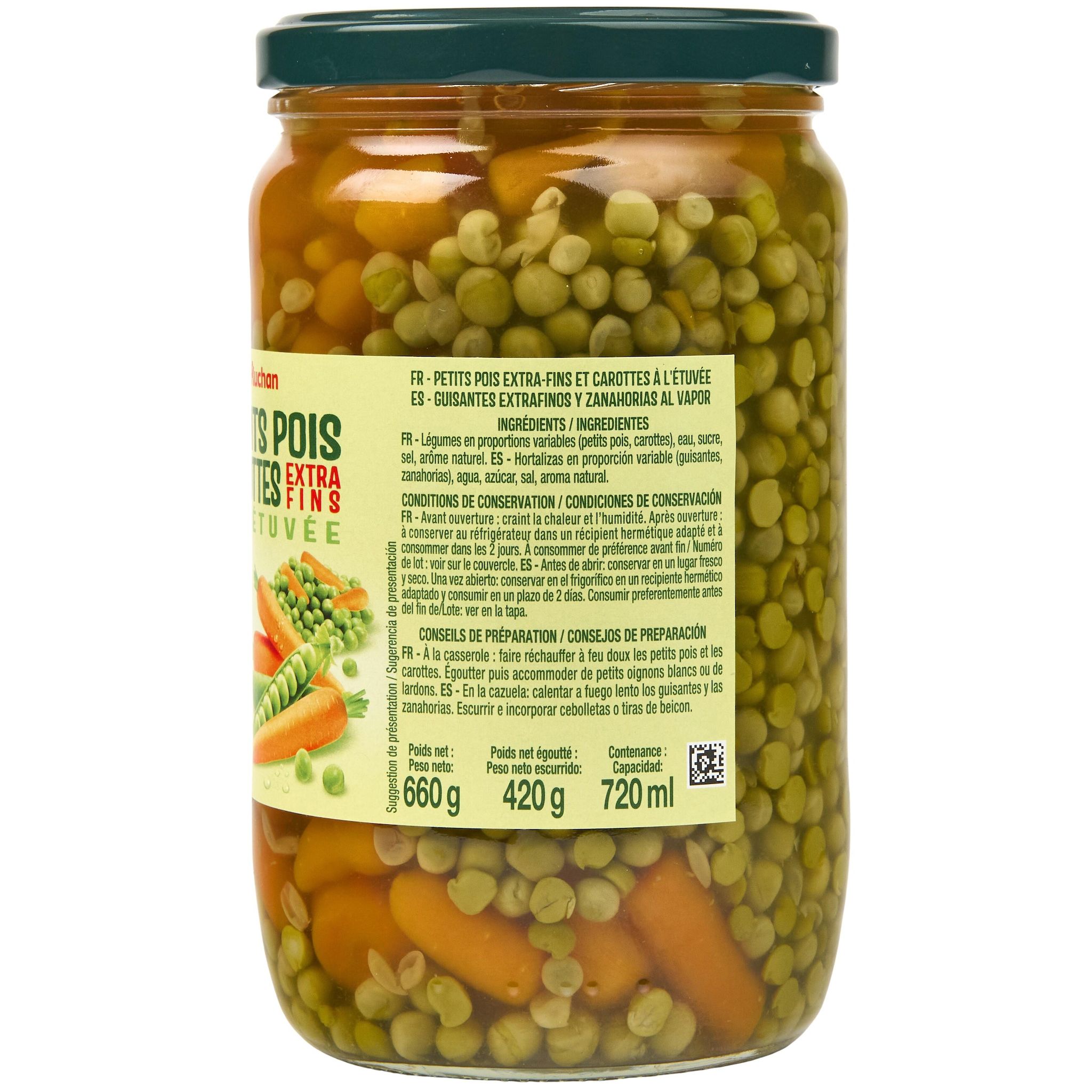 Voir la diapositive 4 : AUCHAN Petits pois carottes à l'étuvée extra fins en bocal 420g