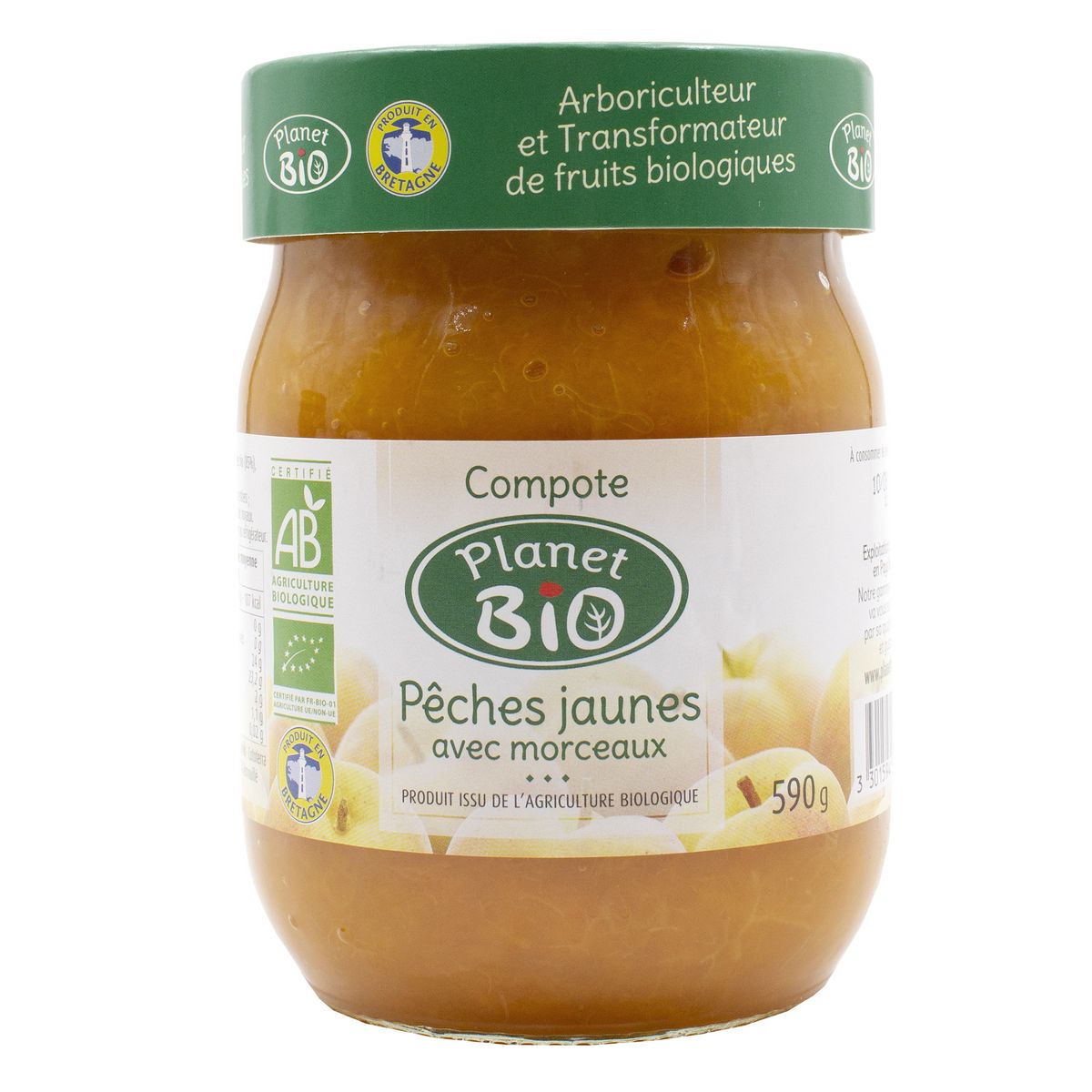 PLANET BIO Compote de pêches jaunes avec morceaux 590g
