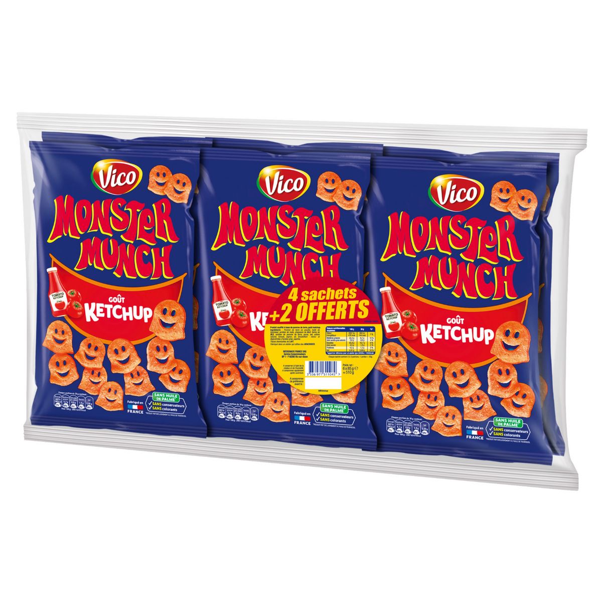 MONSTER MUNCH Biscuits soufflés goût ketchup lot de 6 4x85g + 2offerts