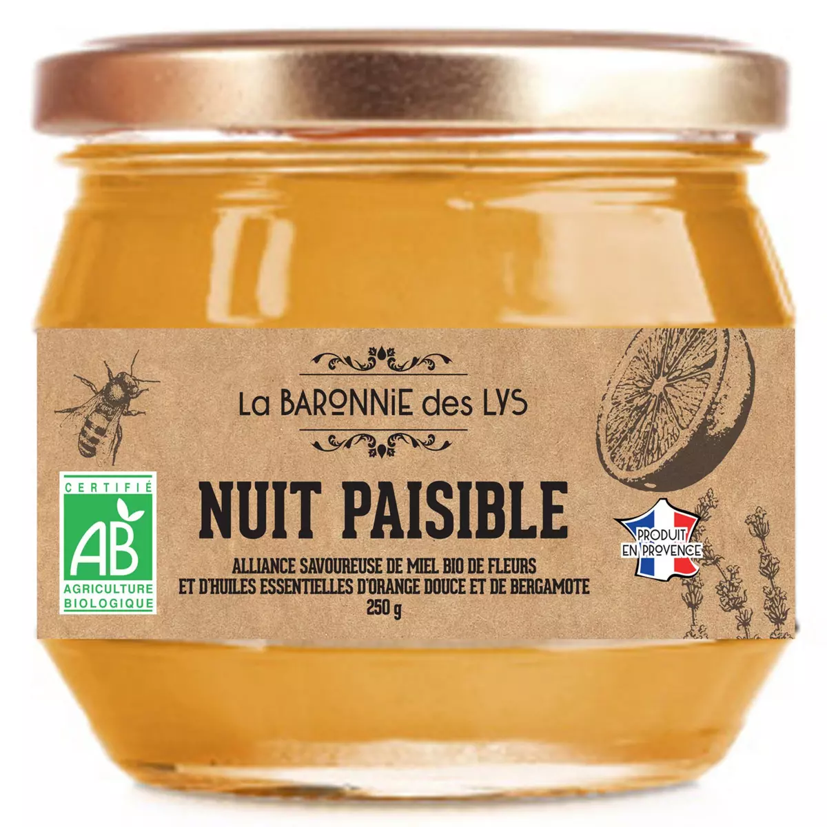 LA BARONIE DES LYS Nuit paisible Mélange de miel bio de fleurs et huiles essentielles d'orange douce et de bergamote 250g