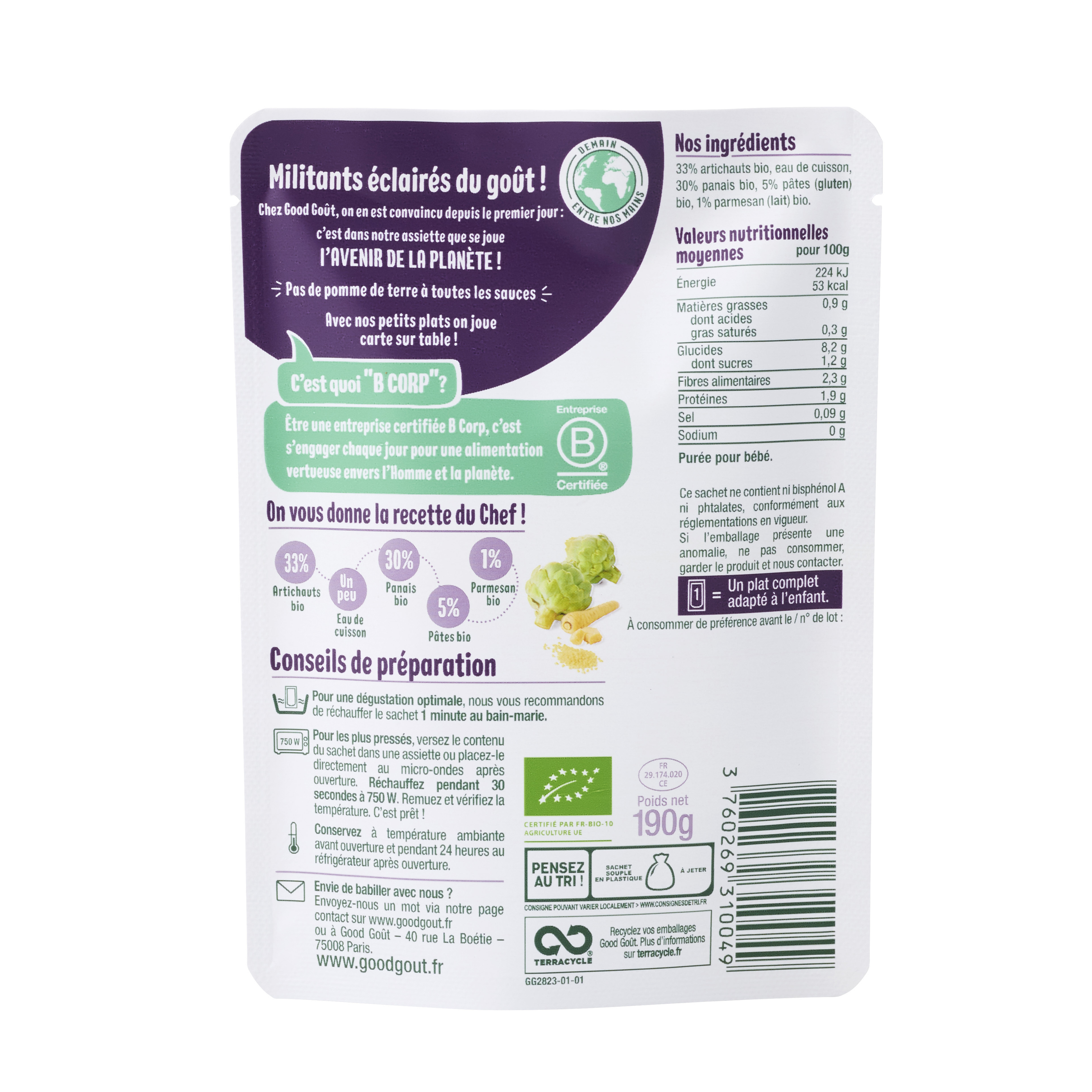 Voir la diapositive 2 : GOOD GOUT Purée d'artichauts panais pâtes et parmesan bio dès 6 mois 190g