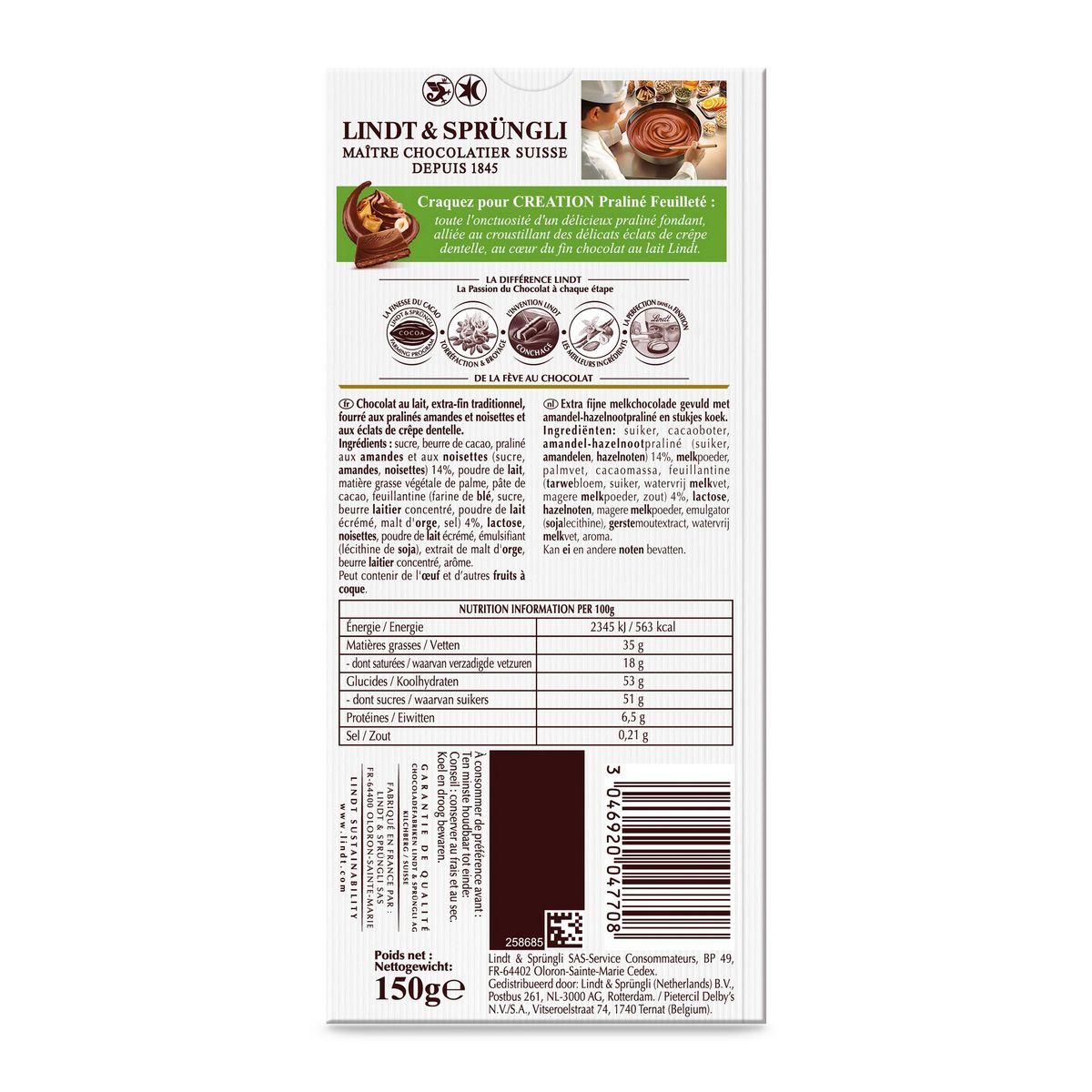 LINDT Création Tablette de chocolat au lait praliné feuilleté 1 pièce 150g