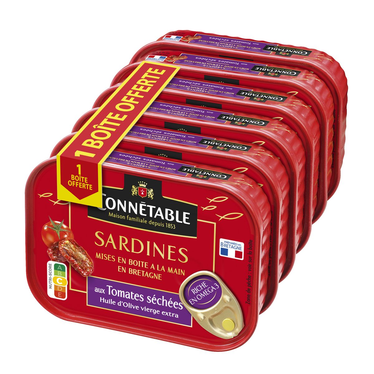 CONNETABLE Sardines à l'huile d'olive et tomates séchées 5 boîtes + 1 offerte 810g