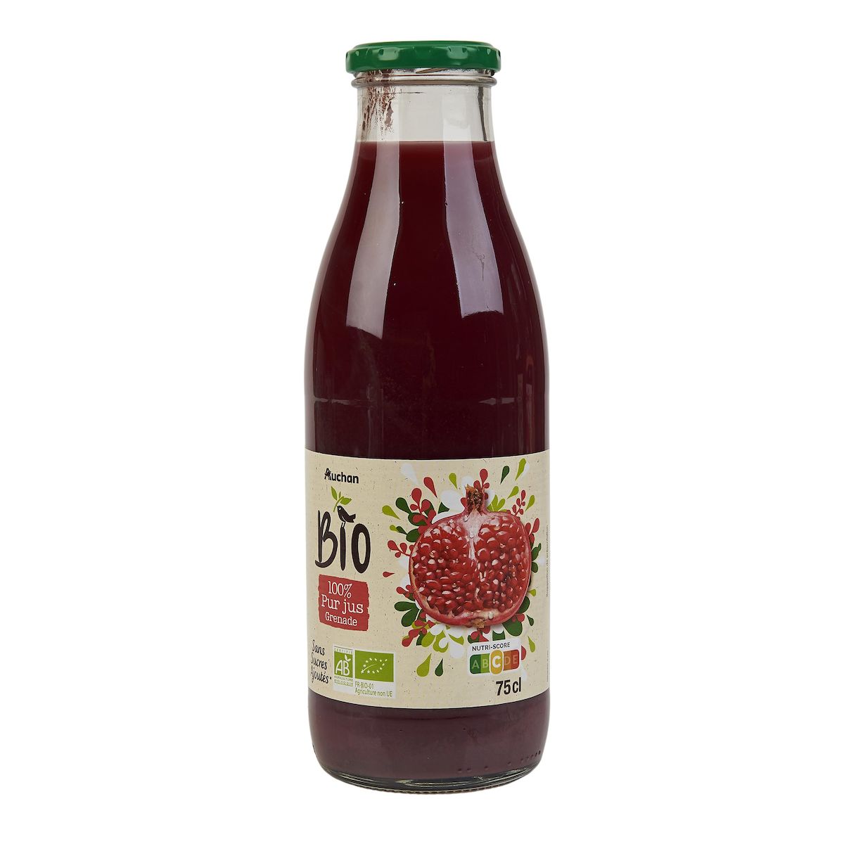 AUCHAN BIO Pur jus de grenade bouteille verre 75cl