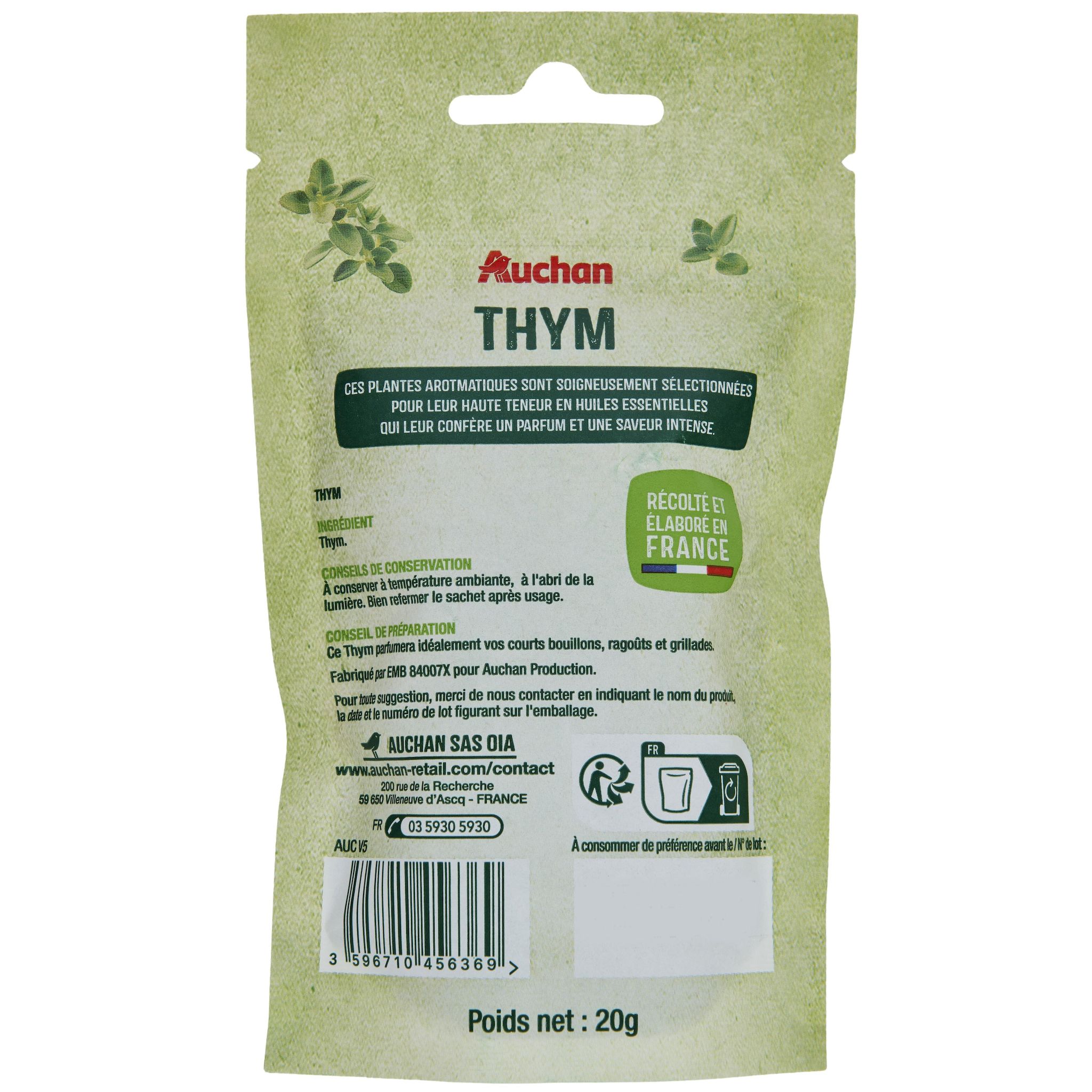 Voir la diapositive 2 : AUCHAN Thym en sachet 20g