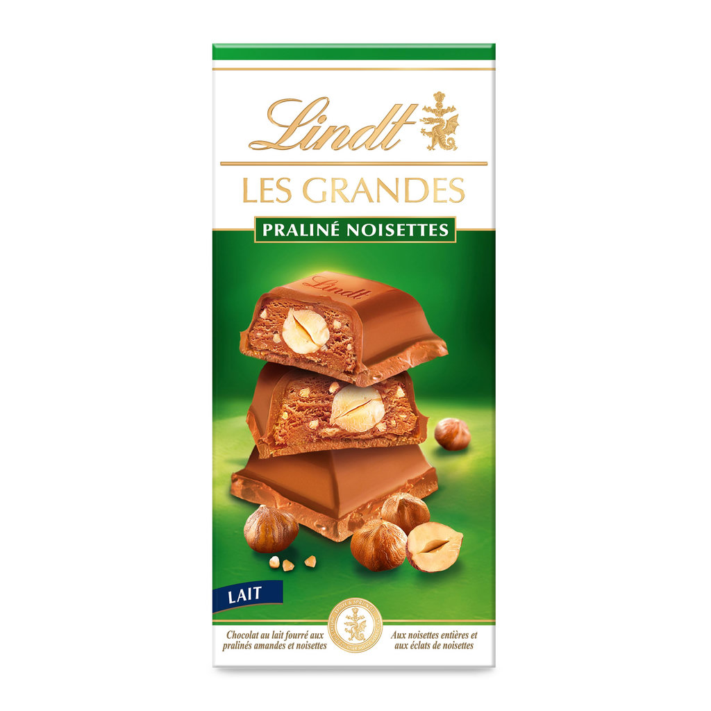 LINDT Les Grandes, tablette de chocolat au lait praliné noisettes 225g