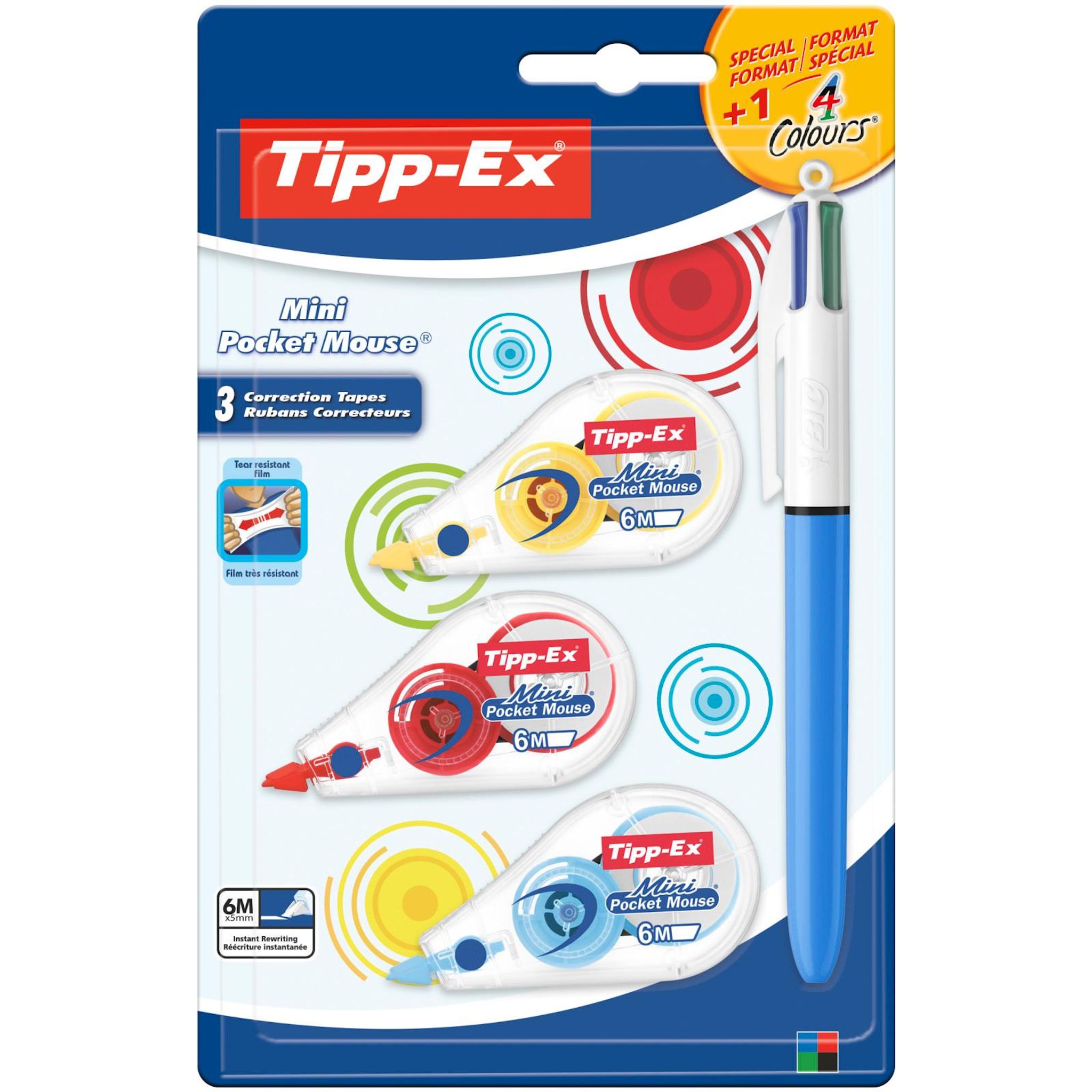 BIC Lot de 3 mini souris correctrices 6m jaune, rouge et bleu + 1 stylo 4 couleurs rétractable bleu