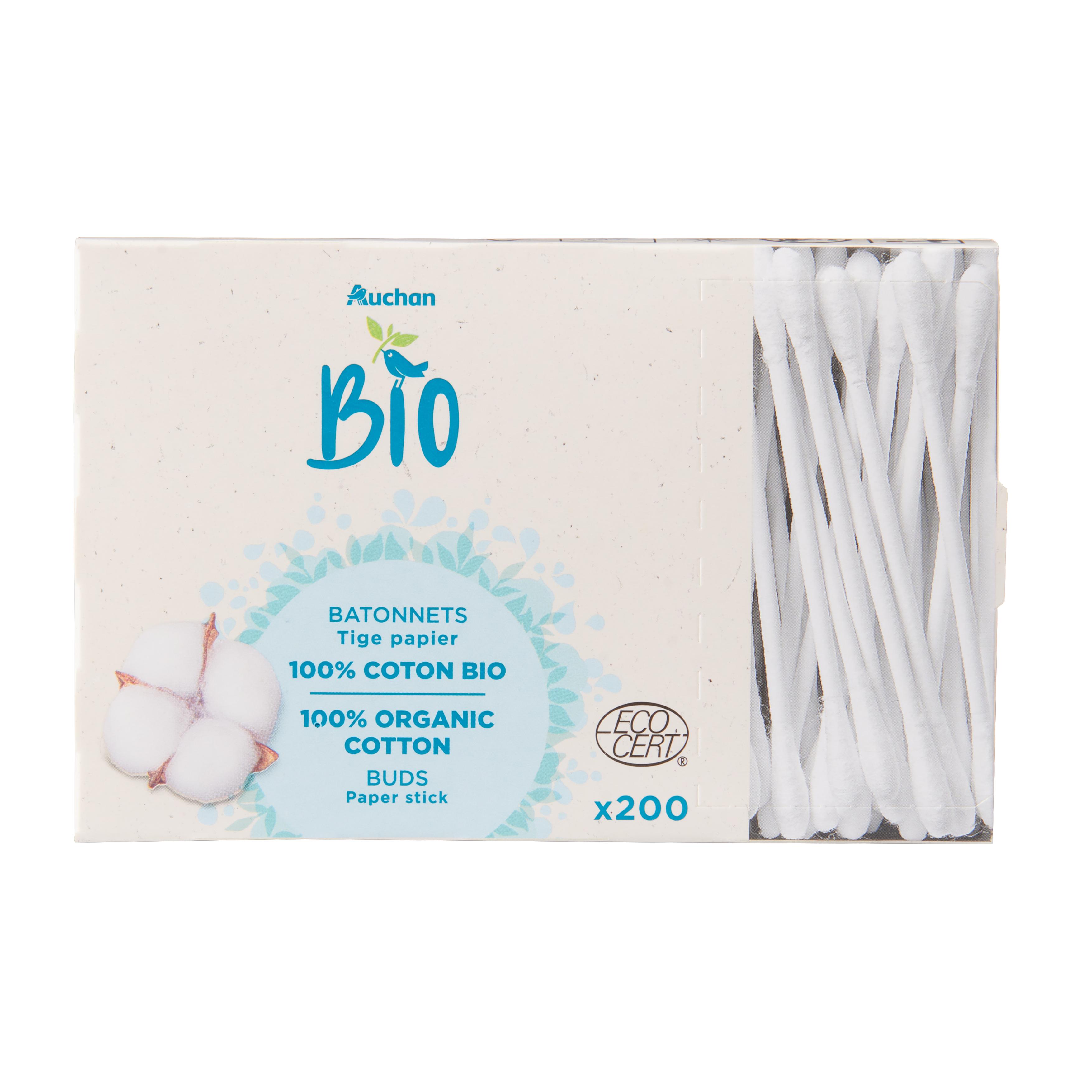 Voir la diapositive 2 : AUCHAN BIO Cotons-tiges écologiques avec bâtons et embouts 100% 200 bâtonnets