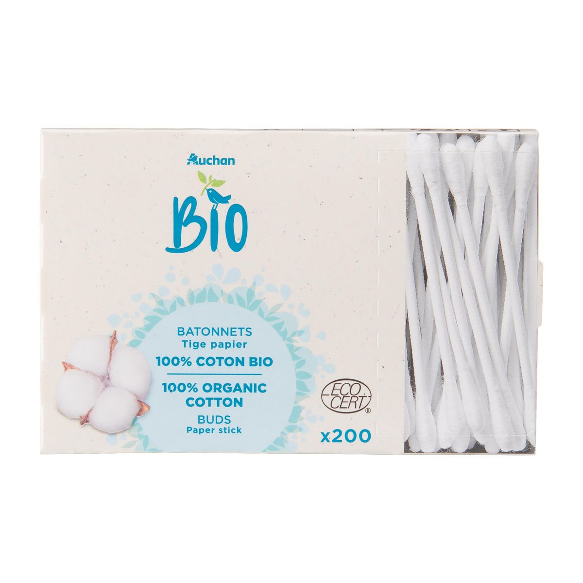 AUCHAN BIO Cotons-tiges écologiques avec bâtons et embouts 100% 200 bâtonnets