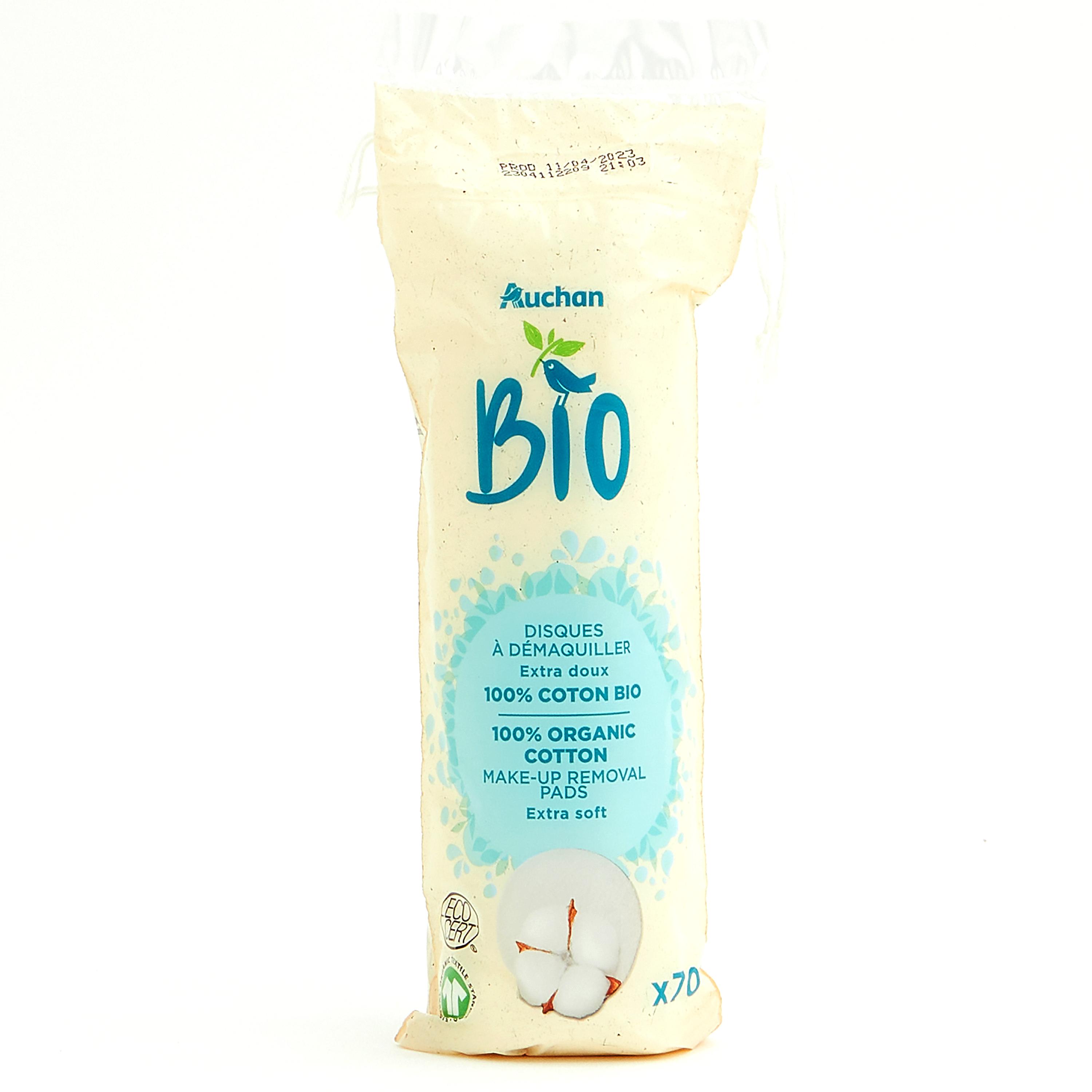 Voir la diapositive 2 : AUCHAN BIO Cotons disques à démaquiller 100% coton bio 70 cotons