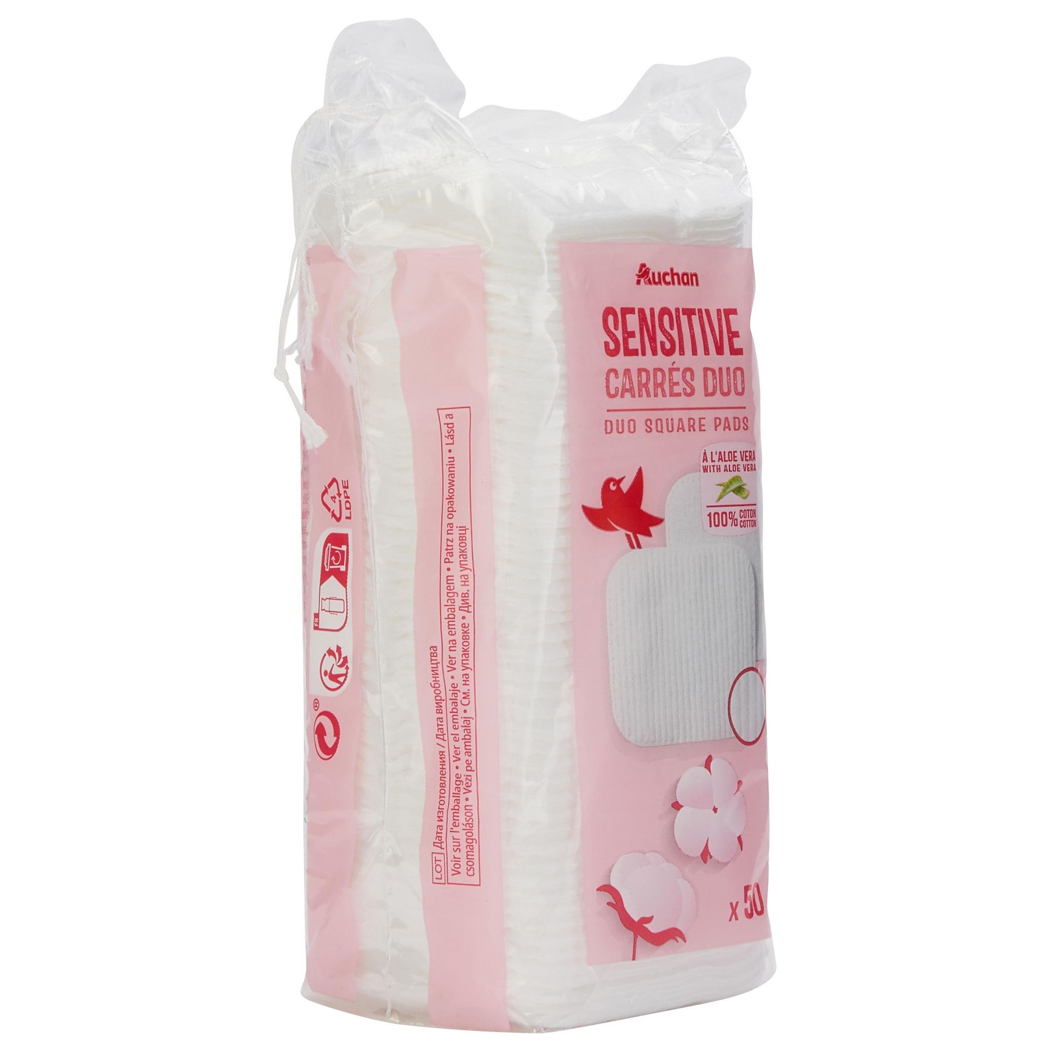 Voir la diapositive 3 : AUCHAN Sensitive cotons carrés à démaquiller 50 cotons