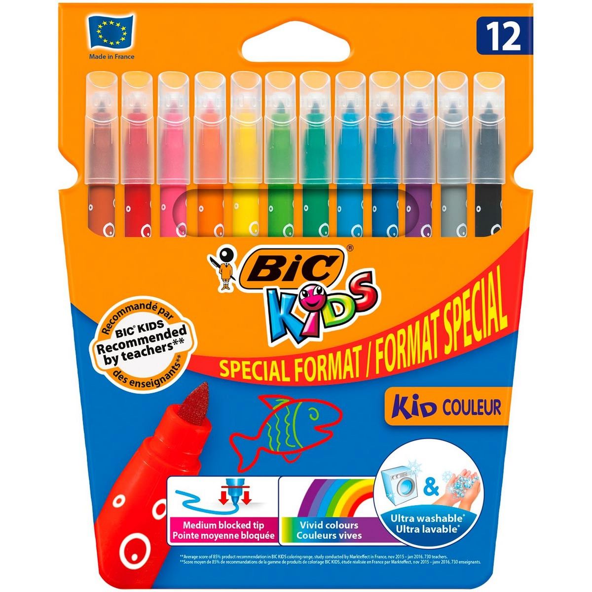 BIC Etui de 12 feutres de coloriage lavables pointe moyenne KID COULEUR