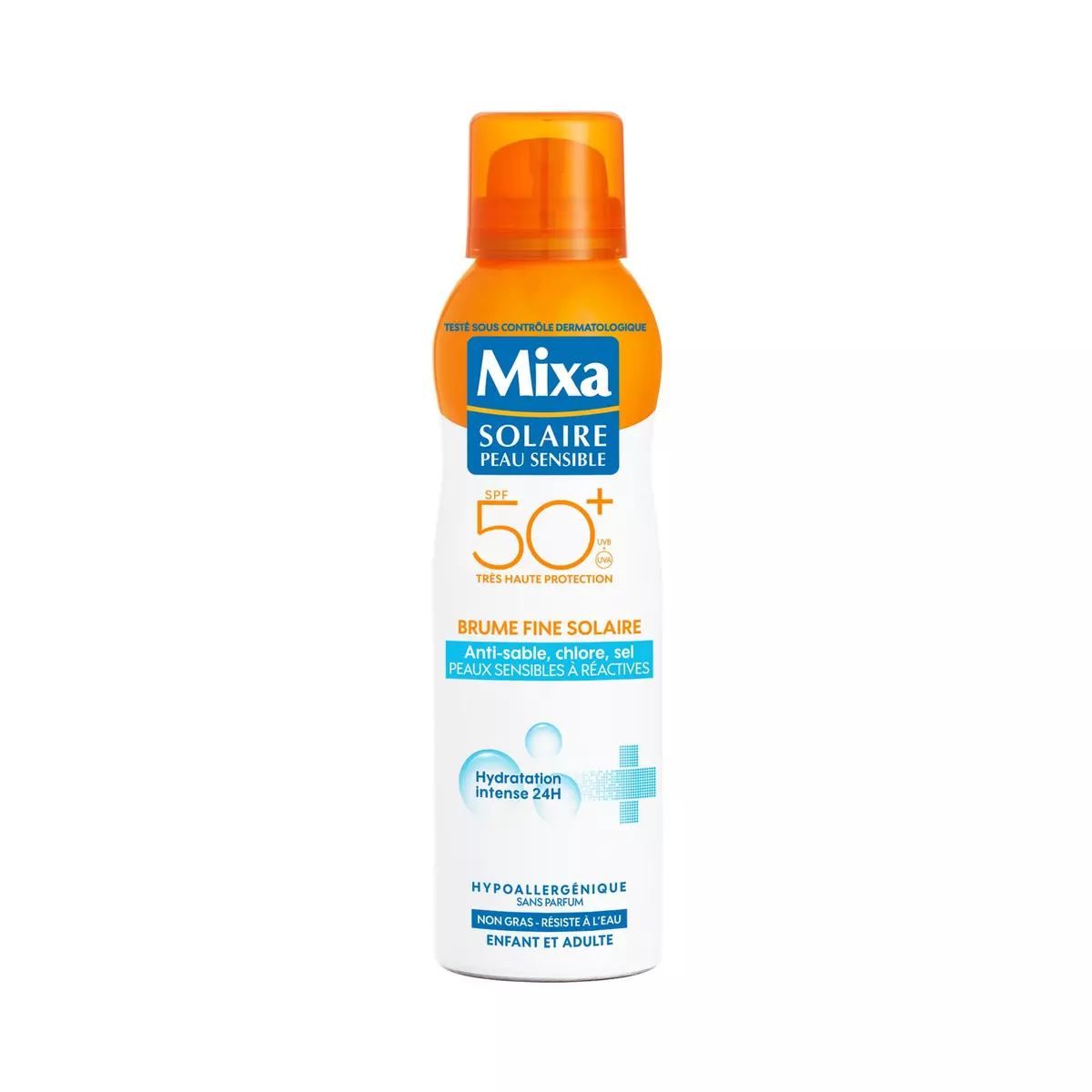 MIXA Brume fine solaire enfants & adultes anti-sable chlore et sel peaux sensibles à réactives SPF50+ 200ml