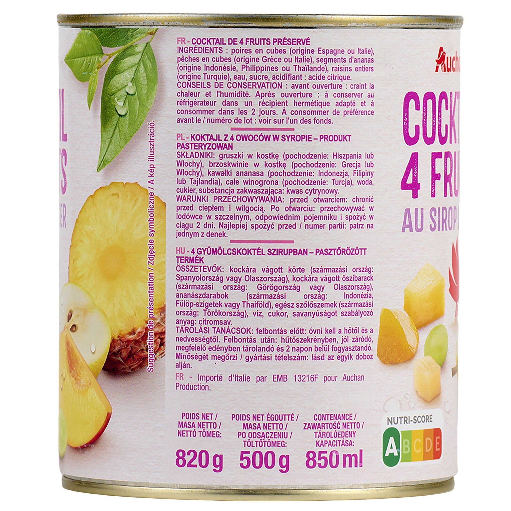 Voir la diapositive 2 : AUCHAN Cocktail de 4 fruits au sirop léger 500g