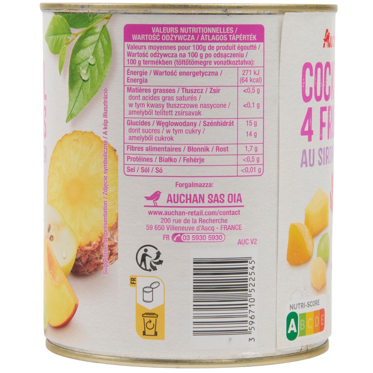 AUCHAN Cocktail de 4 fruits au sirop léger 500g