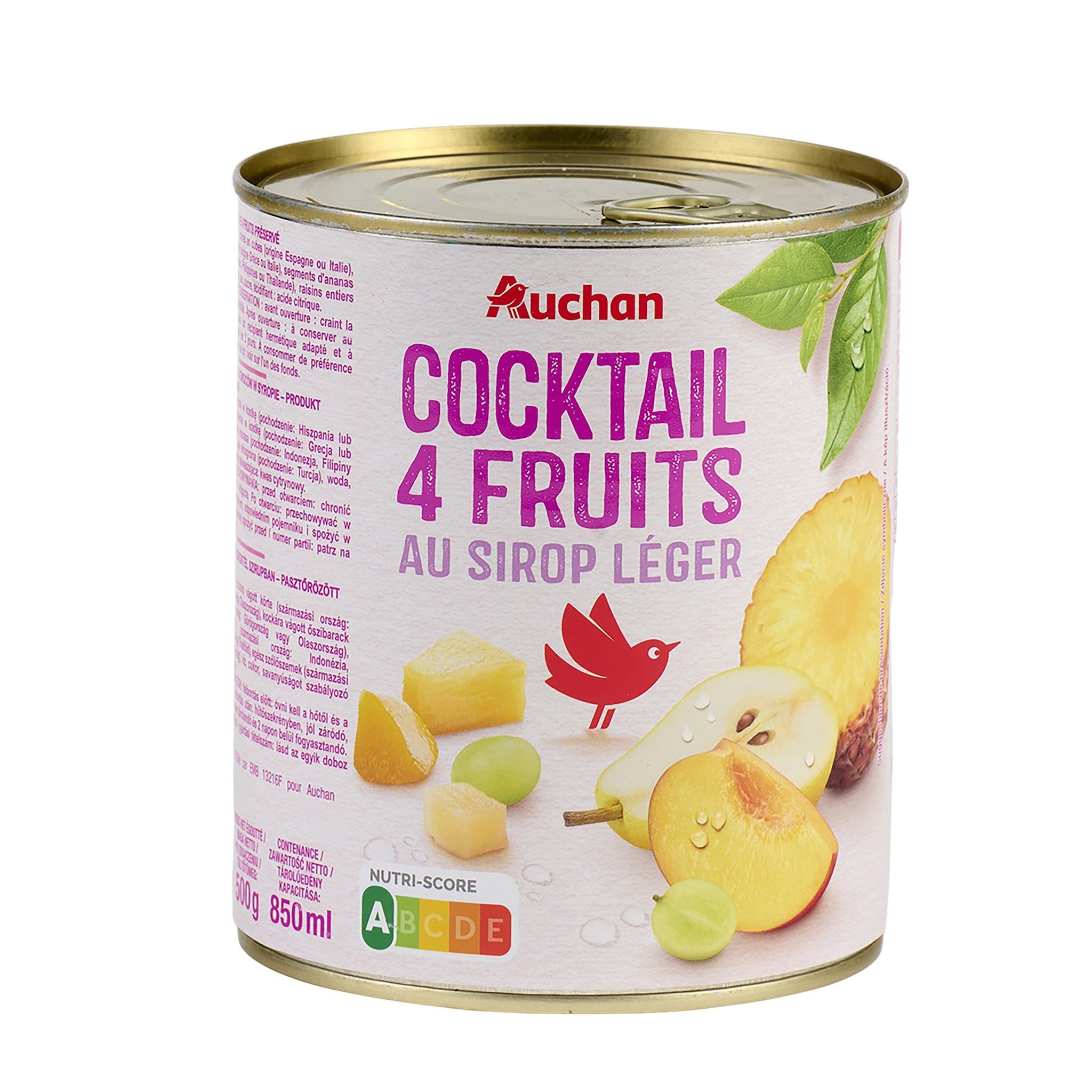 Voir la diapositive 3 : AUCHAN Cocktail de 4 fruits au sirop léger 500g
