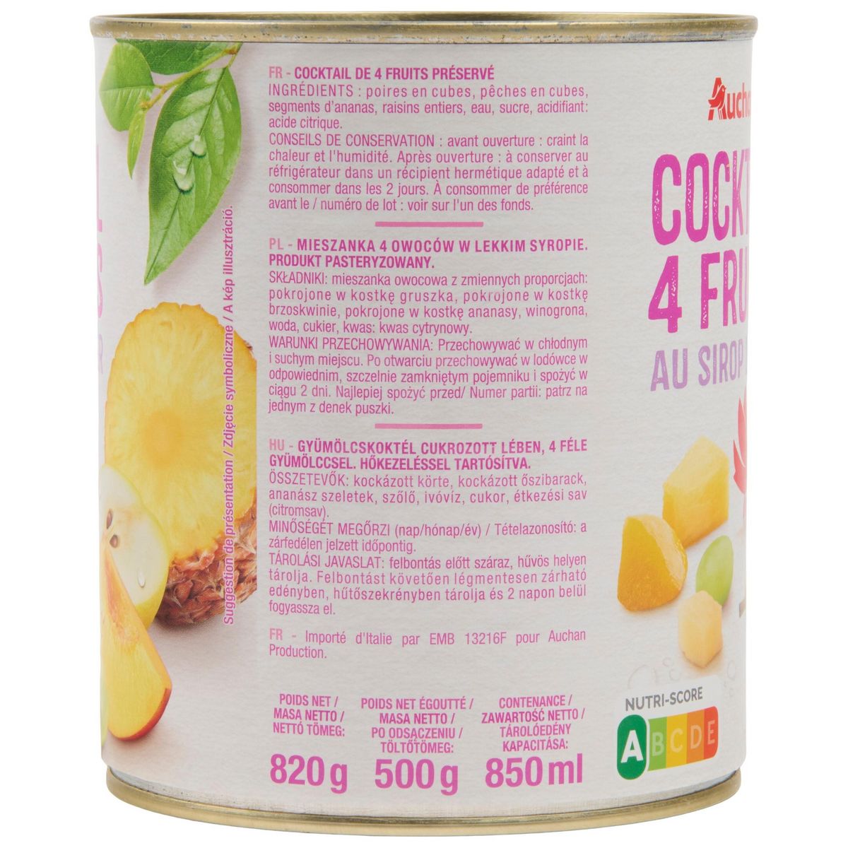 AUCHAN Cocktail de 4 fruits au sirop léger 500g