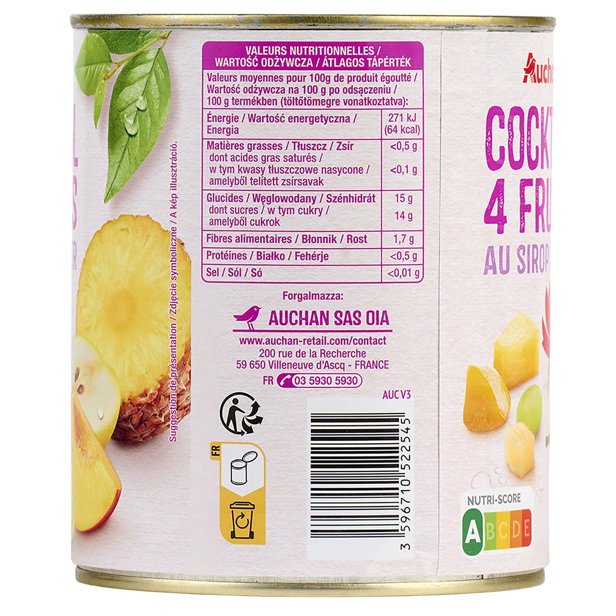 Voir la diapositive 4 : AUCHAN Cocktail de 4 fruits au sirop léger 500g