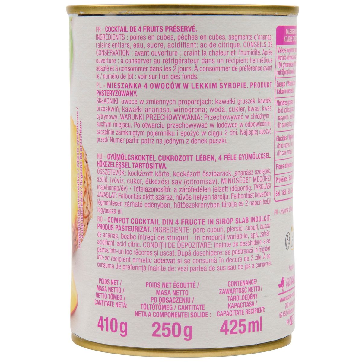 AUCHAN Cocktail de 4 fruits au sirop léger 410g