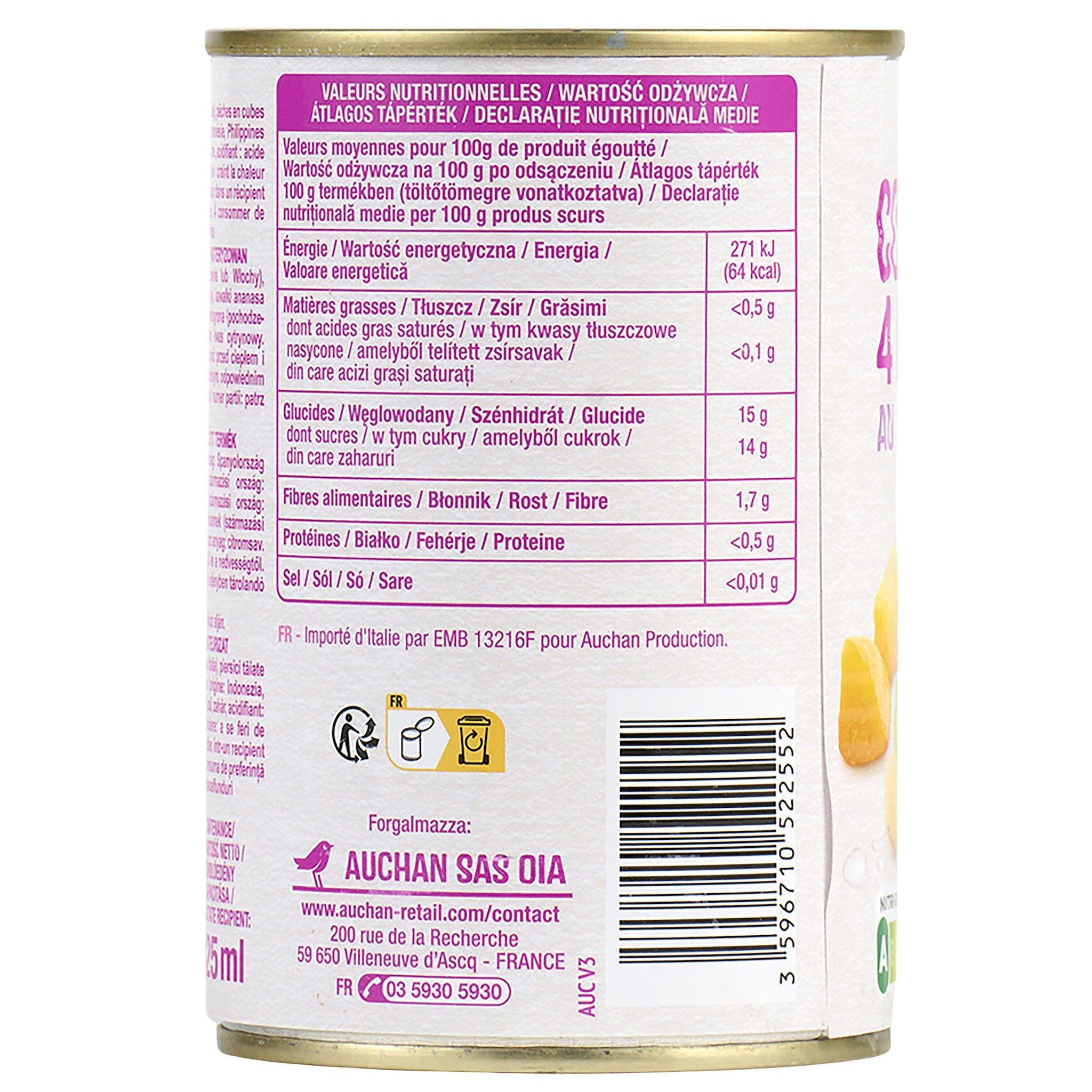 Voir la diapositive 2 : AUCHAN Cocktail de 4 fruits au sirop léger 410g