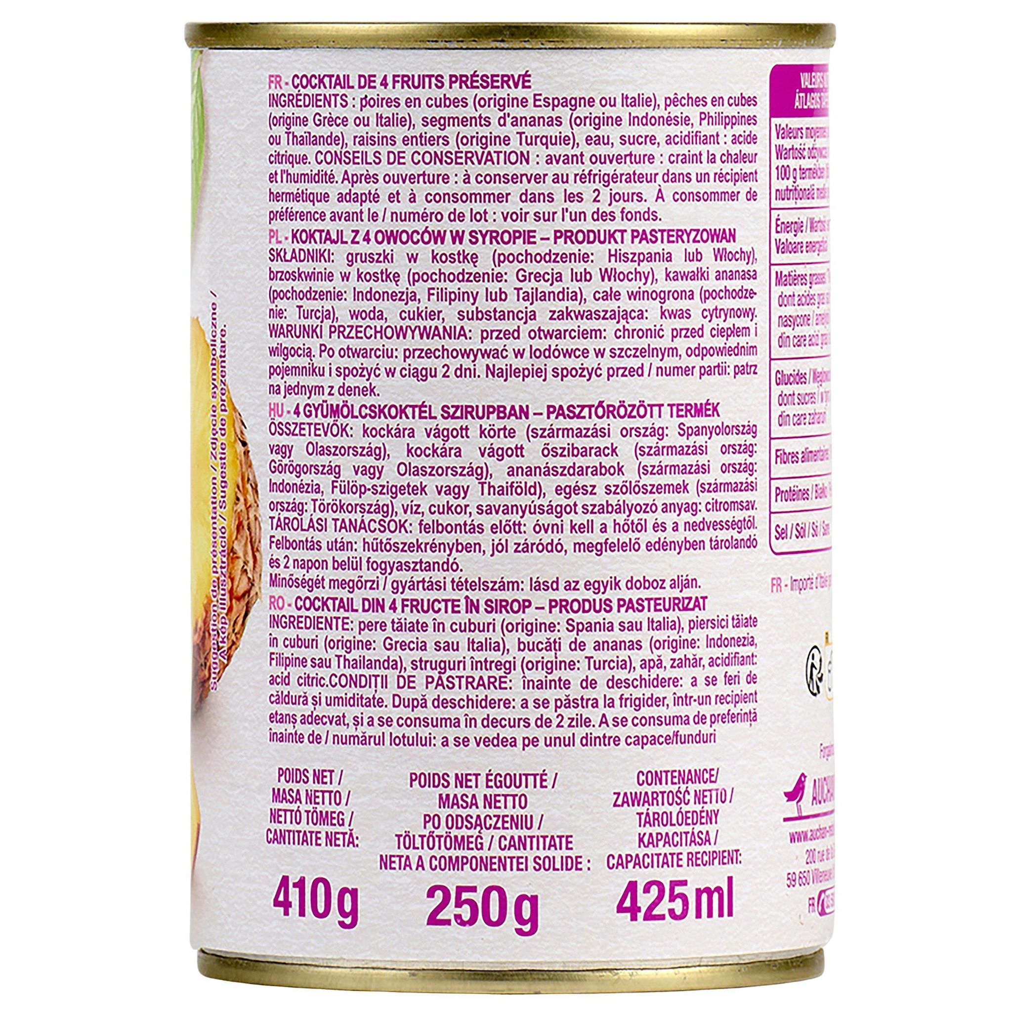 Voir la diapositive 3 : AUCHAN Cocktail de 4 fruits au sirop léger 410g