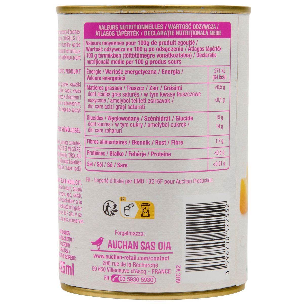 AUCHAN Cocktail de 4 fruits au sirop léger 410g