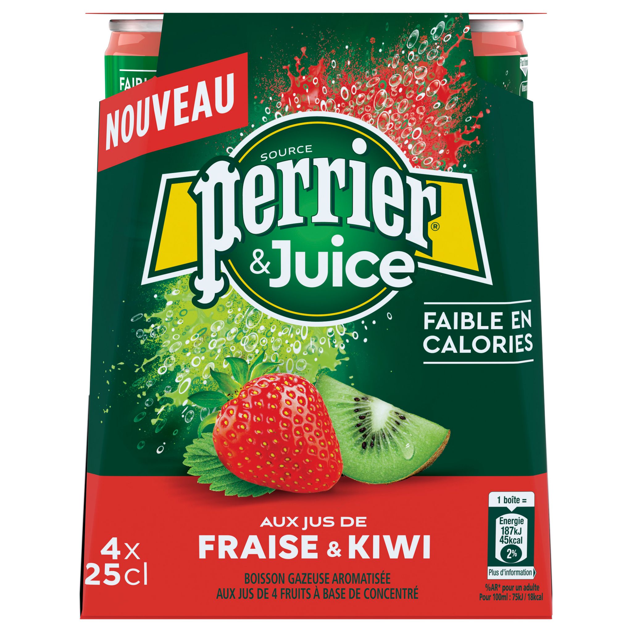 Voir la diapositive 2 : PERRIER Eau gazeuse Juice aromatisée fraise kiwi boîtes 4x25cl
