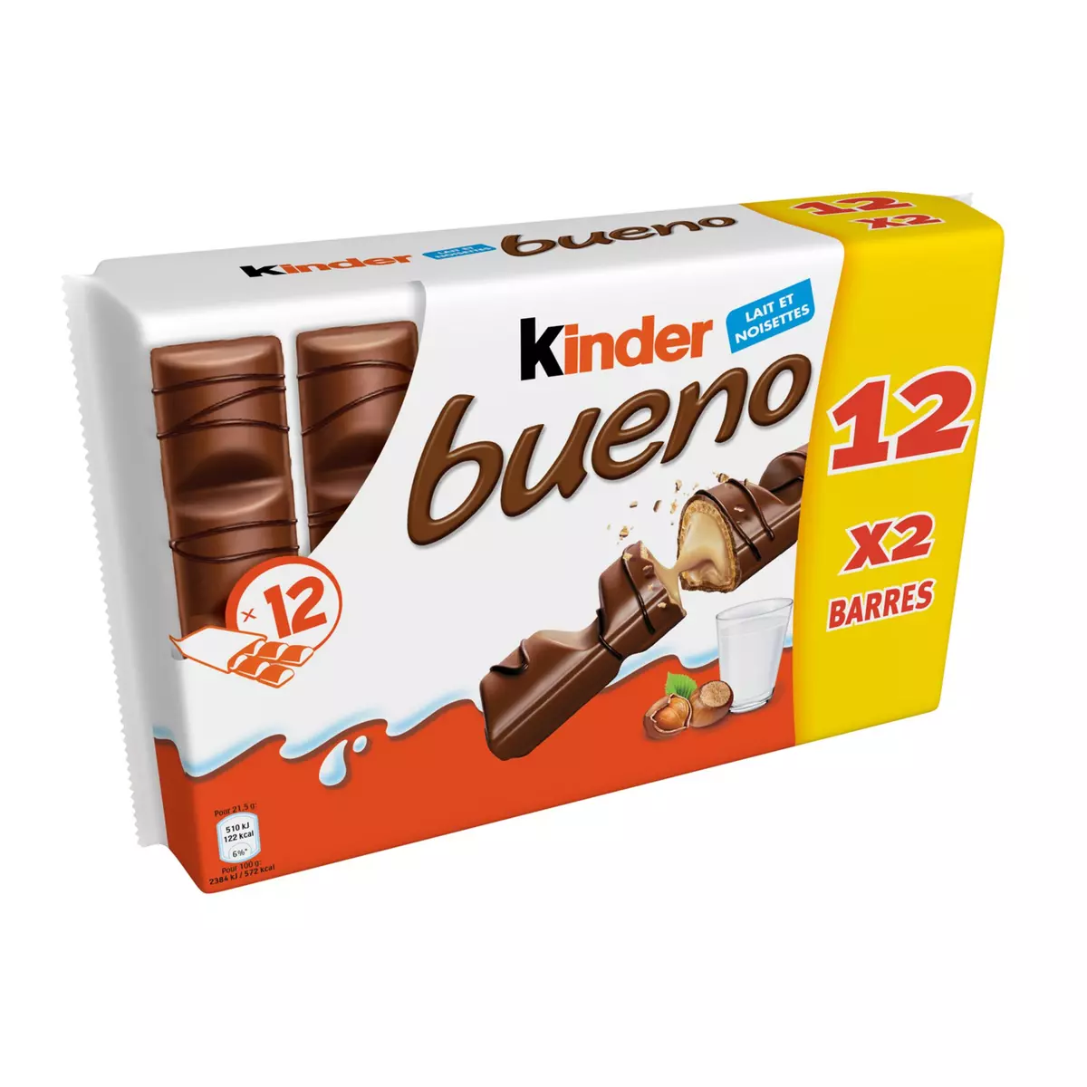 KINDER Bueno barres chocolatées fourrés lait et noisettes 12 barres 516g