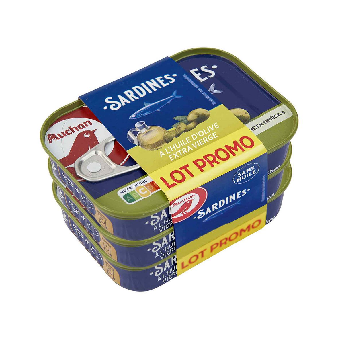 AUCHAN Sardines à l'huile d'olive vierge extra  3 boites de 135g
