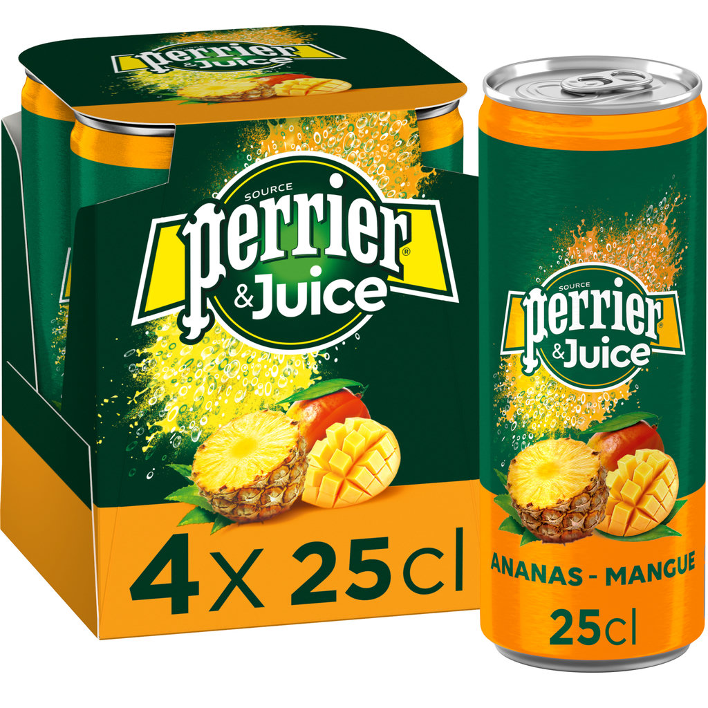 PERRIER Eau gazeuse & juice aromatisée ananas mangue boîtes 4x25cl