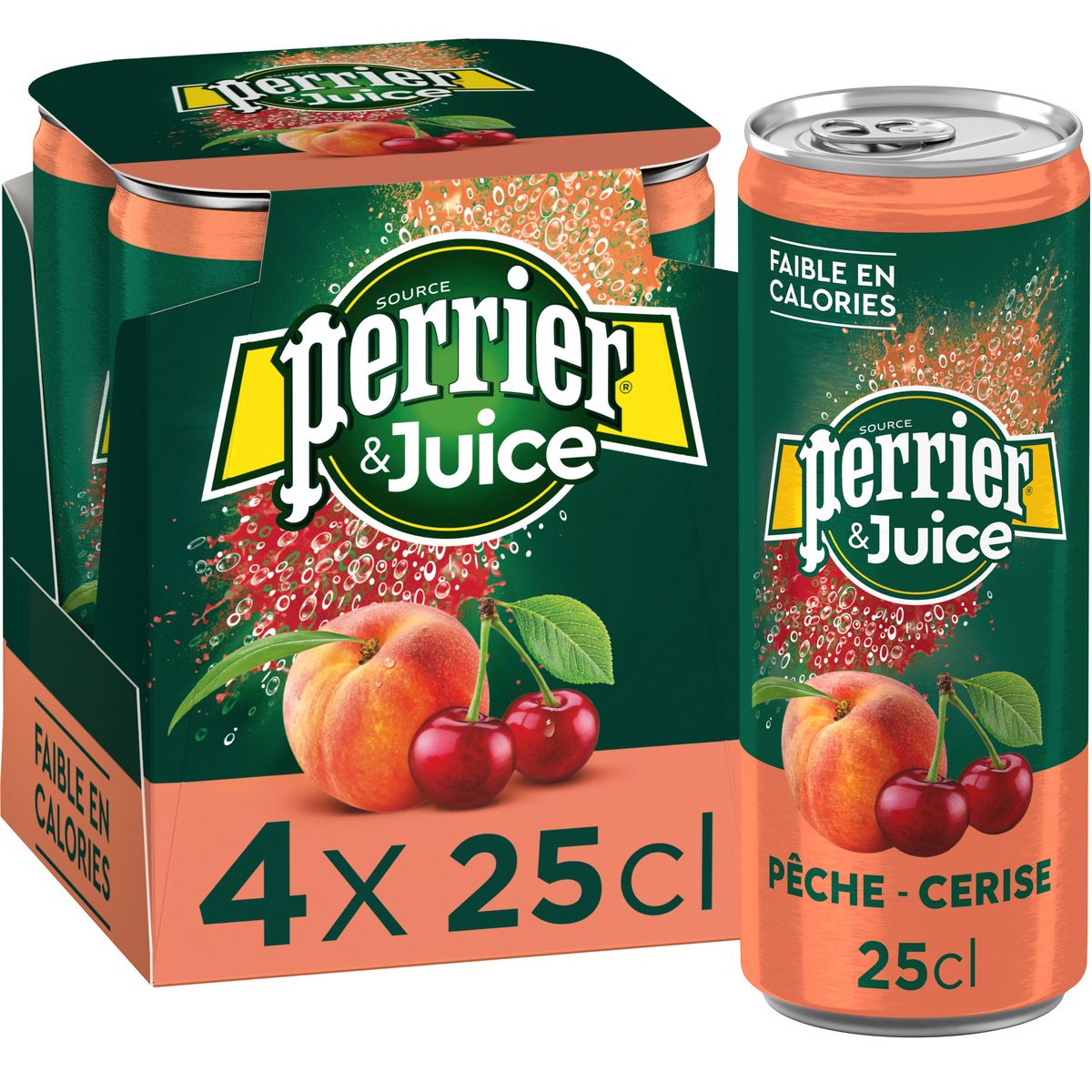 PERRIER Eau gazeuse Juice aromatisée pêche et cerise boîtes 4x25cl