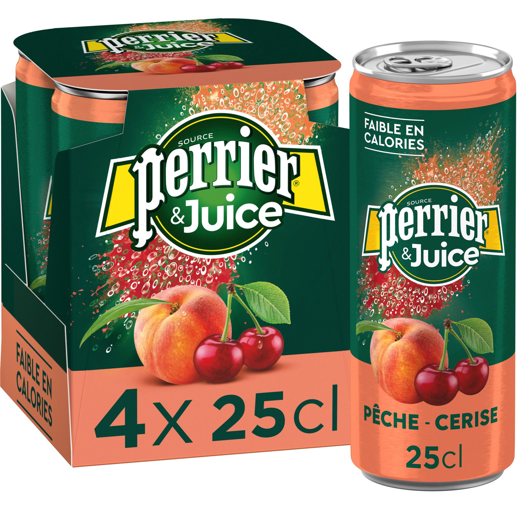 Voir la diapositive 2 : PERRIER Eau gazeuse Juice aromatisée pêche et cerise boîtes 4x25cl