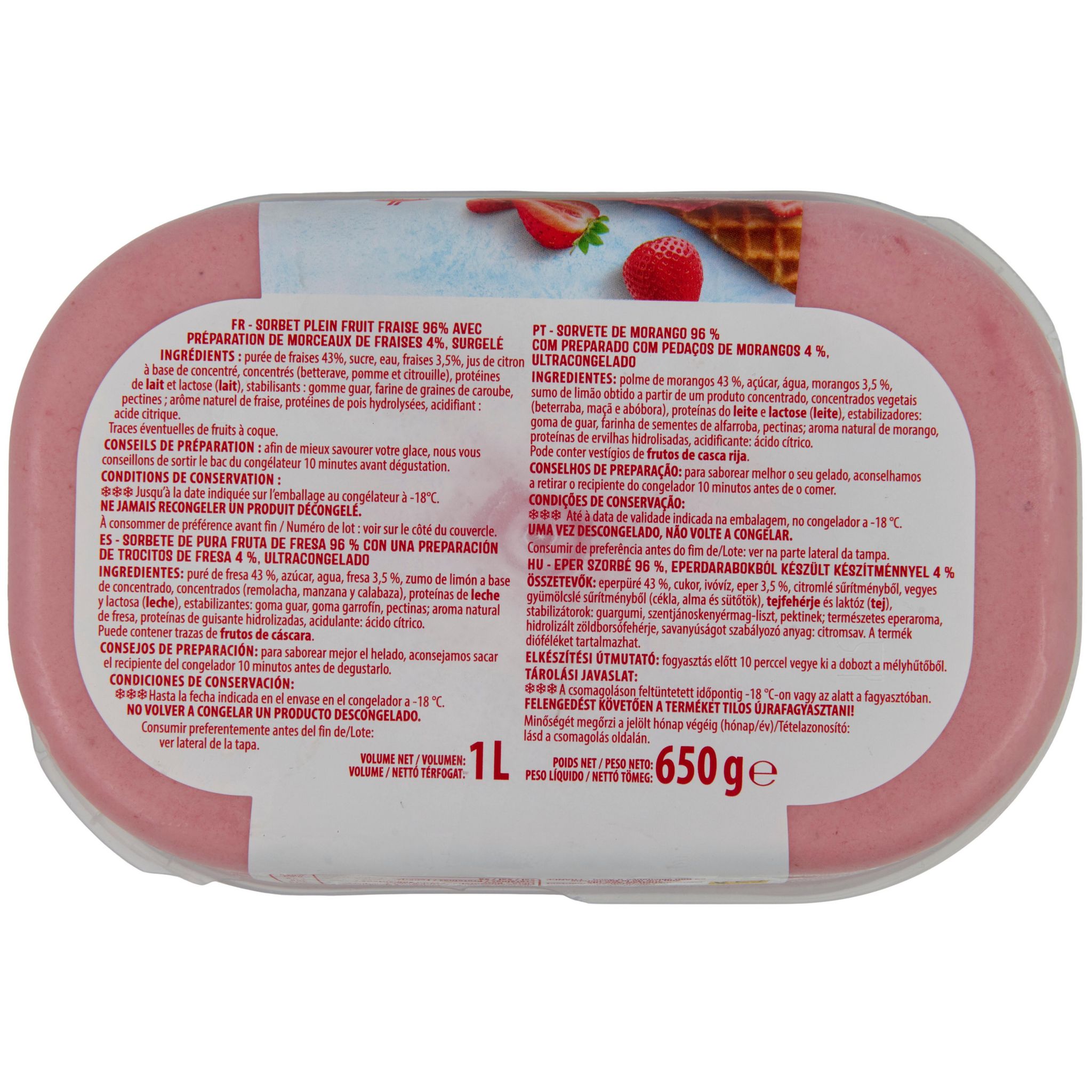 Voir la diapositive 3 : AUCHAN Sorbet fraise avec morceaux 650g