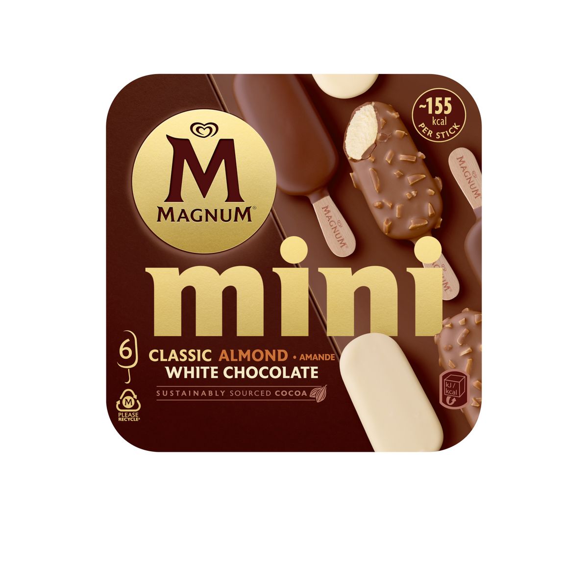 MAGNUM Assortiment de mini bâtonnets glacés classique amande et chocolat blanc 6 pièces 266g