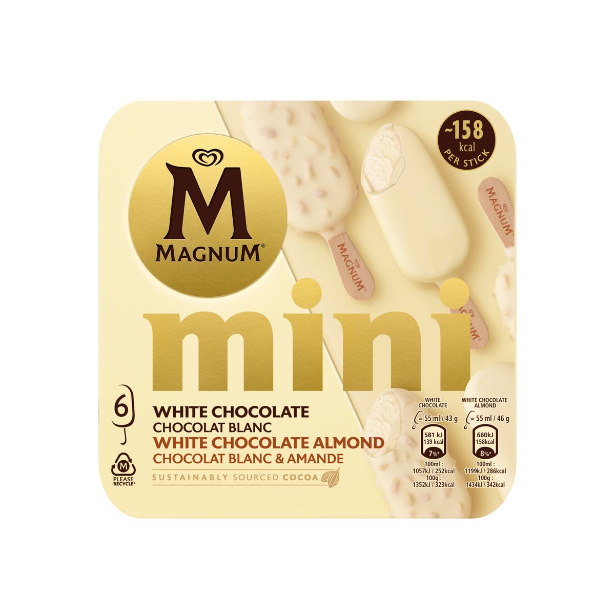 MAGNUM Mini bâtonnet glacé vanille enrobés chocolat blanc amande 6 pièces 267g