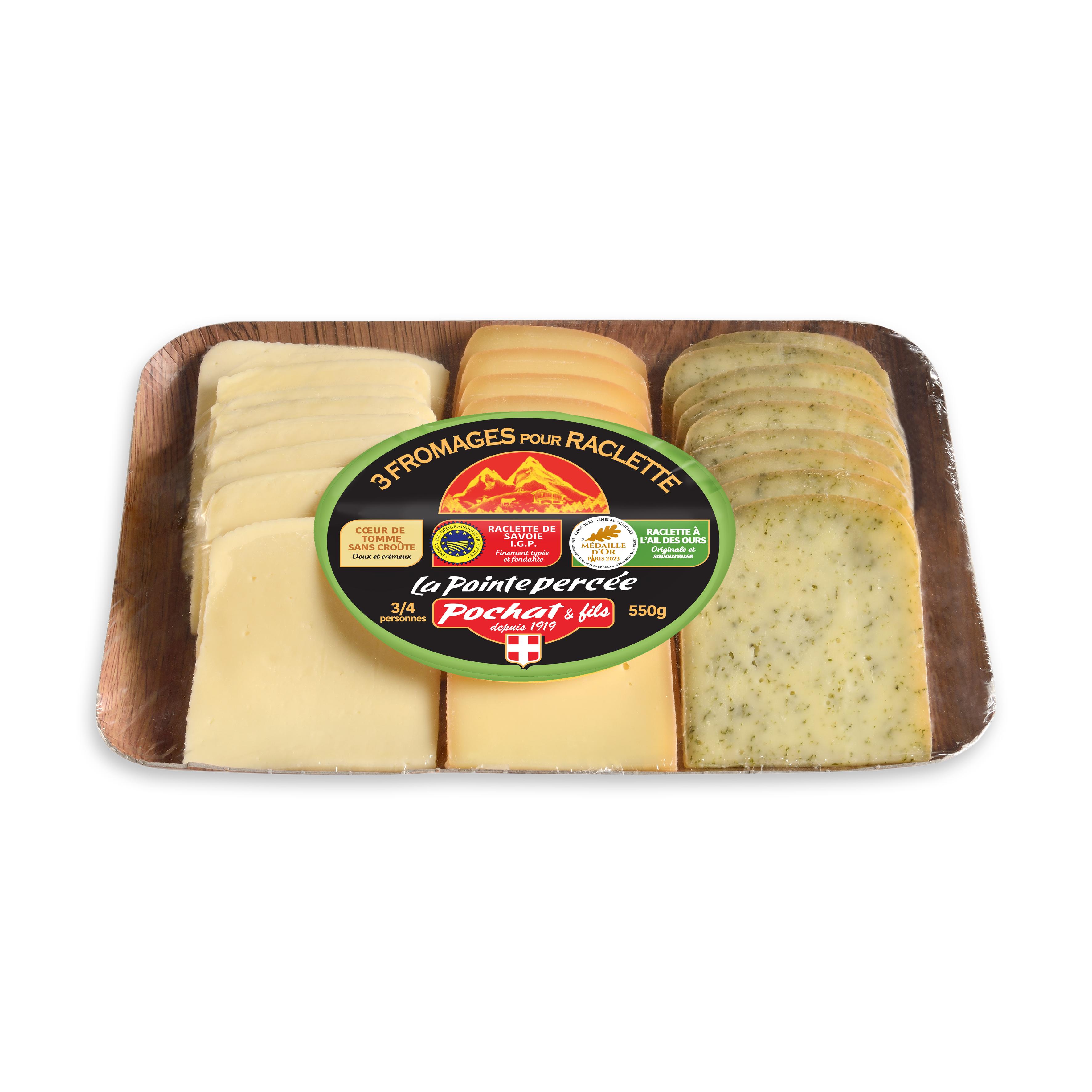 POCHAT & FILS Plateau de fromage à raclette coeur de tomme raclette de Savoie et à l'ail des ours 3/4 parts 550g