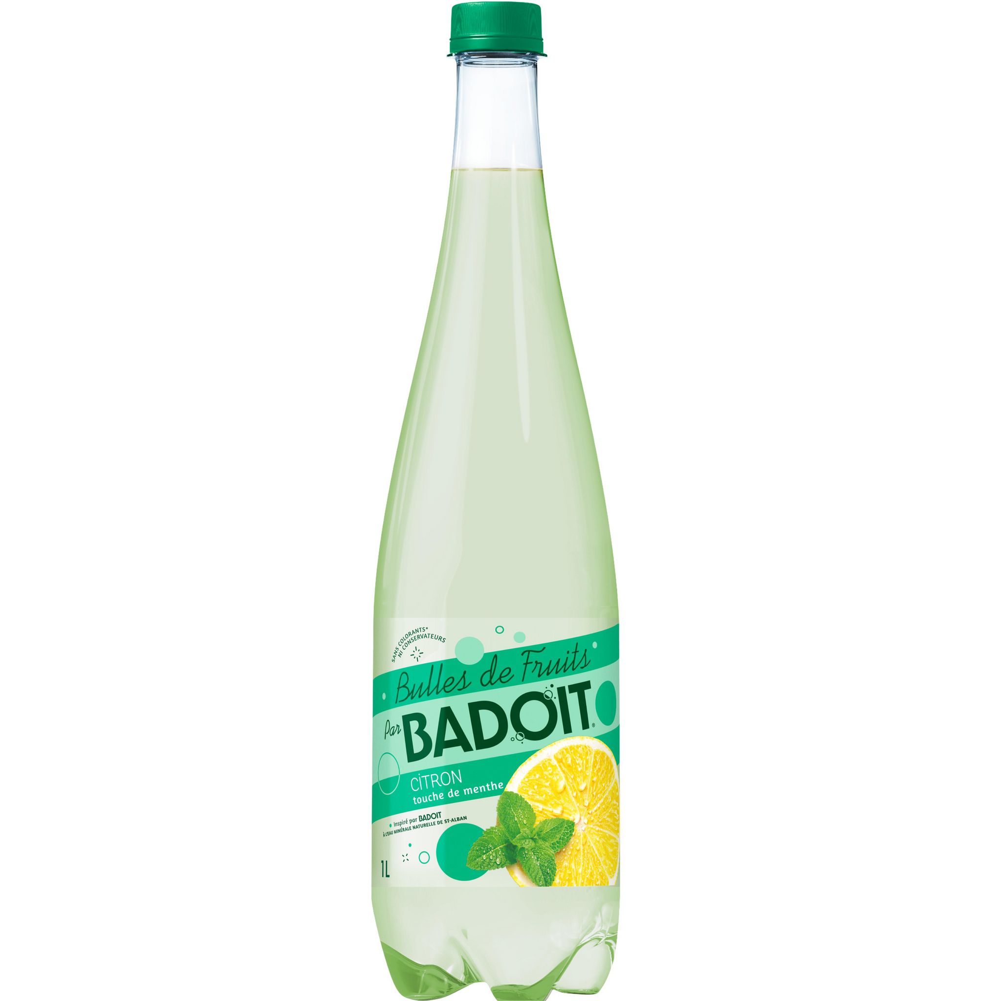 Voir la diapositive 2 : BADOIT Eau gazeuse minérale bulles de fruits aromatisée citron menthe 1l