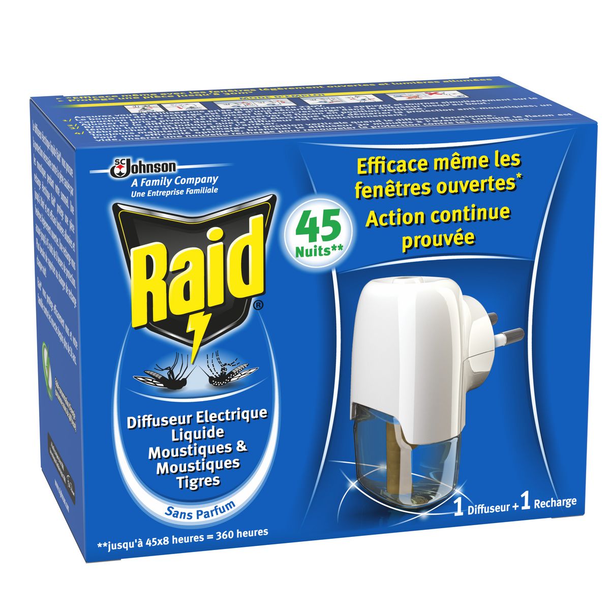 RAID Diffuseur électrique anti-moustiques et moustiques tigres avec recharge efficace 45 nuits 1 diffuseur + 1 recharge