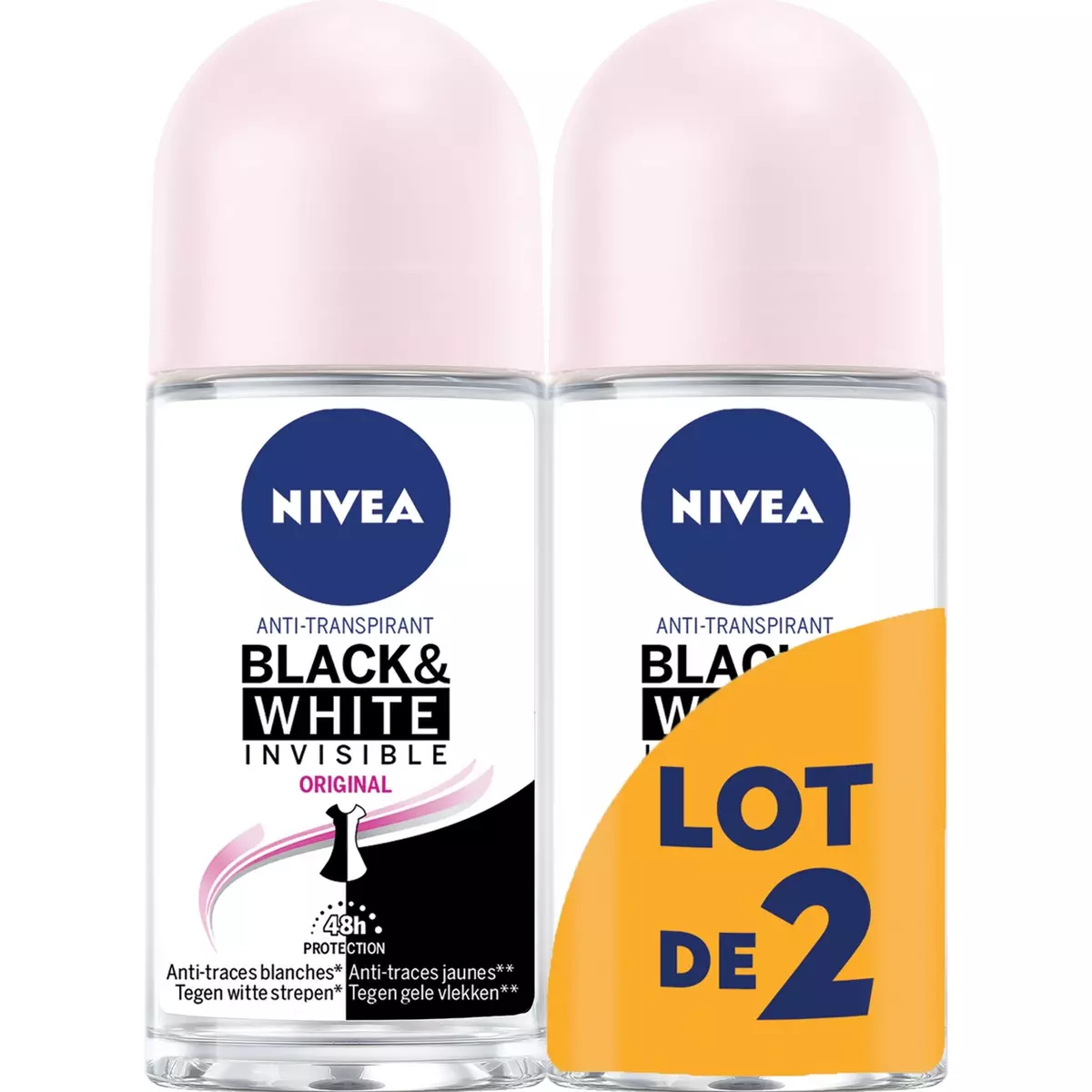 NIVEA Black & white déodorant bille invisible femme anti-transpirant 48h 2x50ml